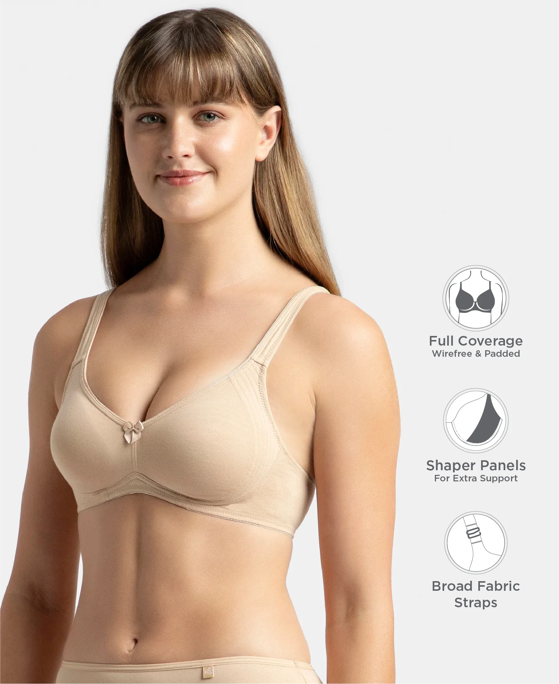 Wirefree Non Padded Plus Size Super Combed Cotton Elastane Stretch Full Coverage Everyday Bra with Contoured Shaper Panel and Adjustable Straps - Skin - Image 2