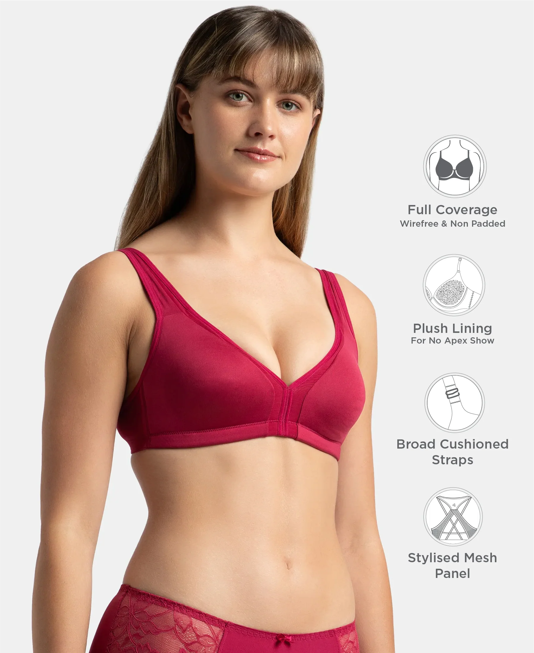 Wirefree Non Padded Soft Touch Microfiber Elastane Stretch Full Coverage Everyday Bra with Stylised Mesh Panel - Anemone - Image 2