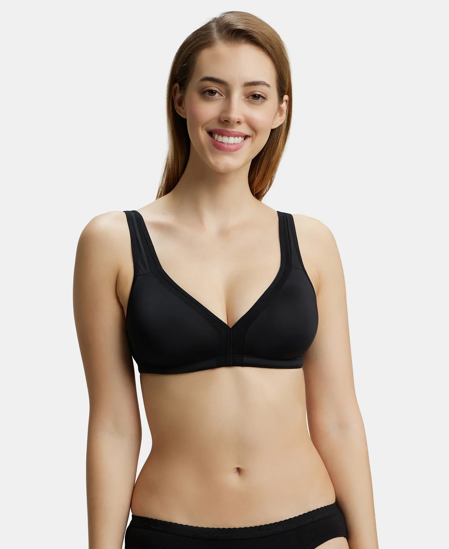Wirefree Non Padded Soft Touch Microfiber Elastane Stretch Full Coverage Everyday Bra with Stylised Mesh Panel - Black