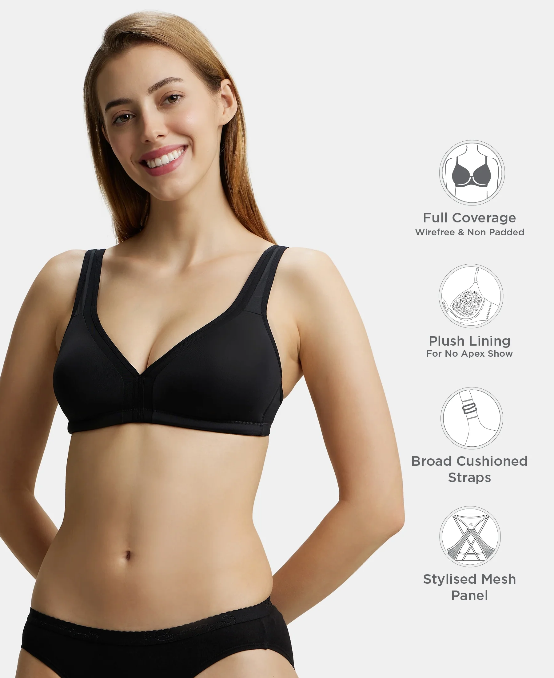 Wirefree Non Padded Soft Touch Microfiber Elastane Stretch Full Coverage Everyday Bra with Stylised Mesh Panel - Black - Image 2