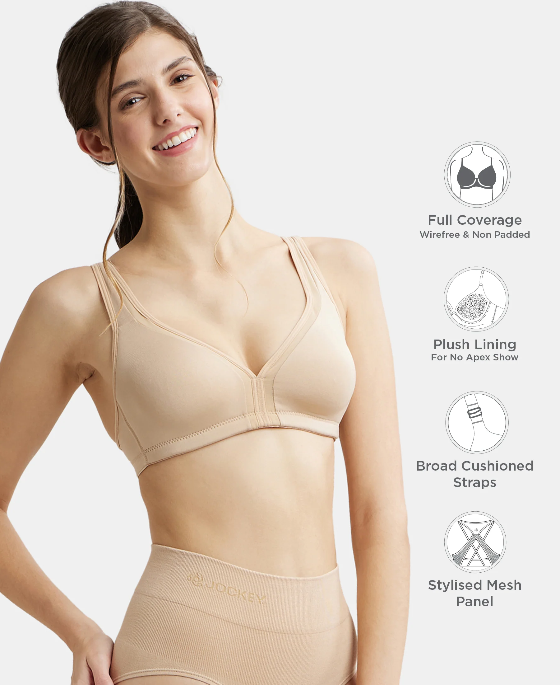 Wirefree Non Padded Soft Touch Microfiber Elastane Stretch Full Coverage Everyday Bra with Stylised Mesh Panel - Light Skin - Image 2