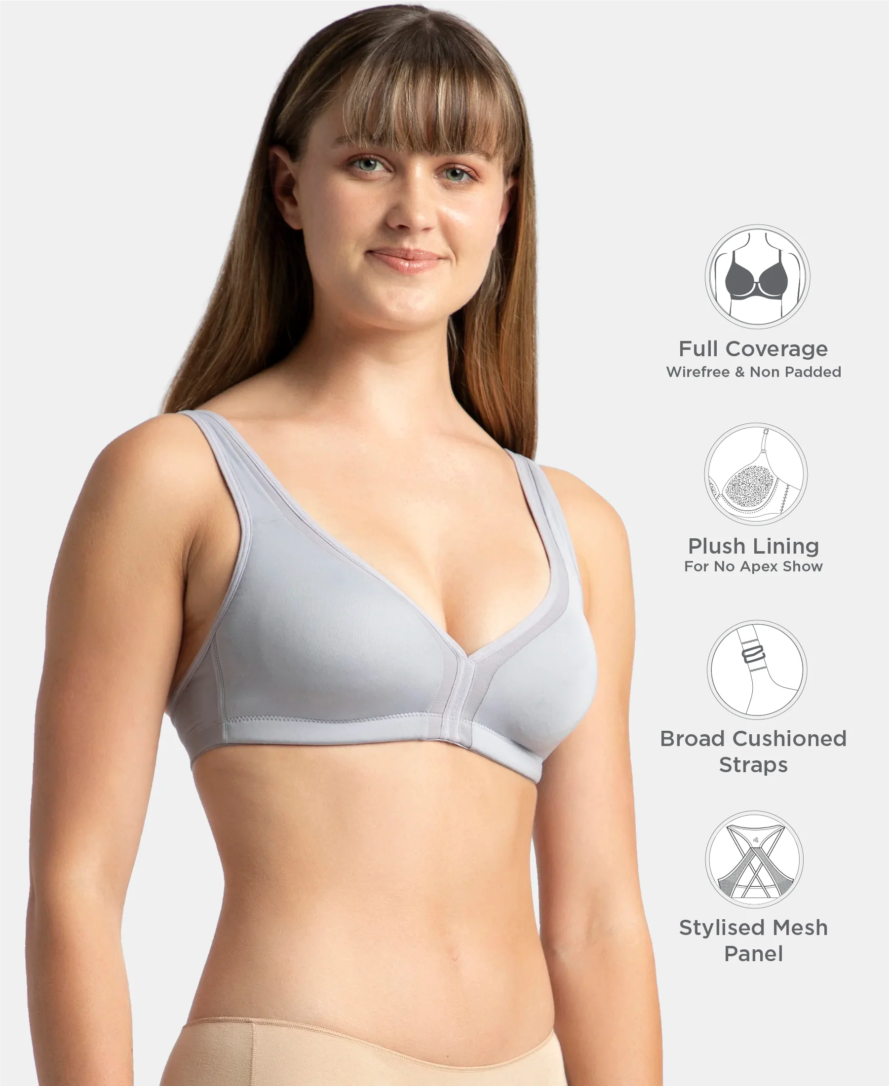 Wirefree Non Padded Soft Touch Microfiber Elastane Stretch Full Coverage Everyday Bra with Stylised Mesh Panel - Lilac Grey - Image 2