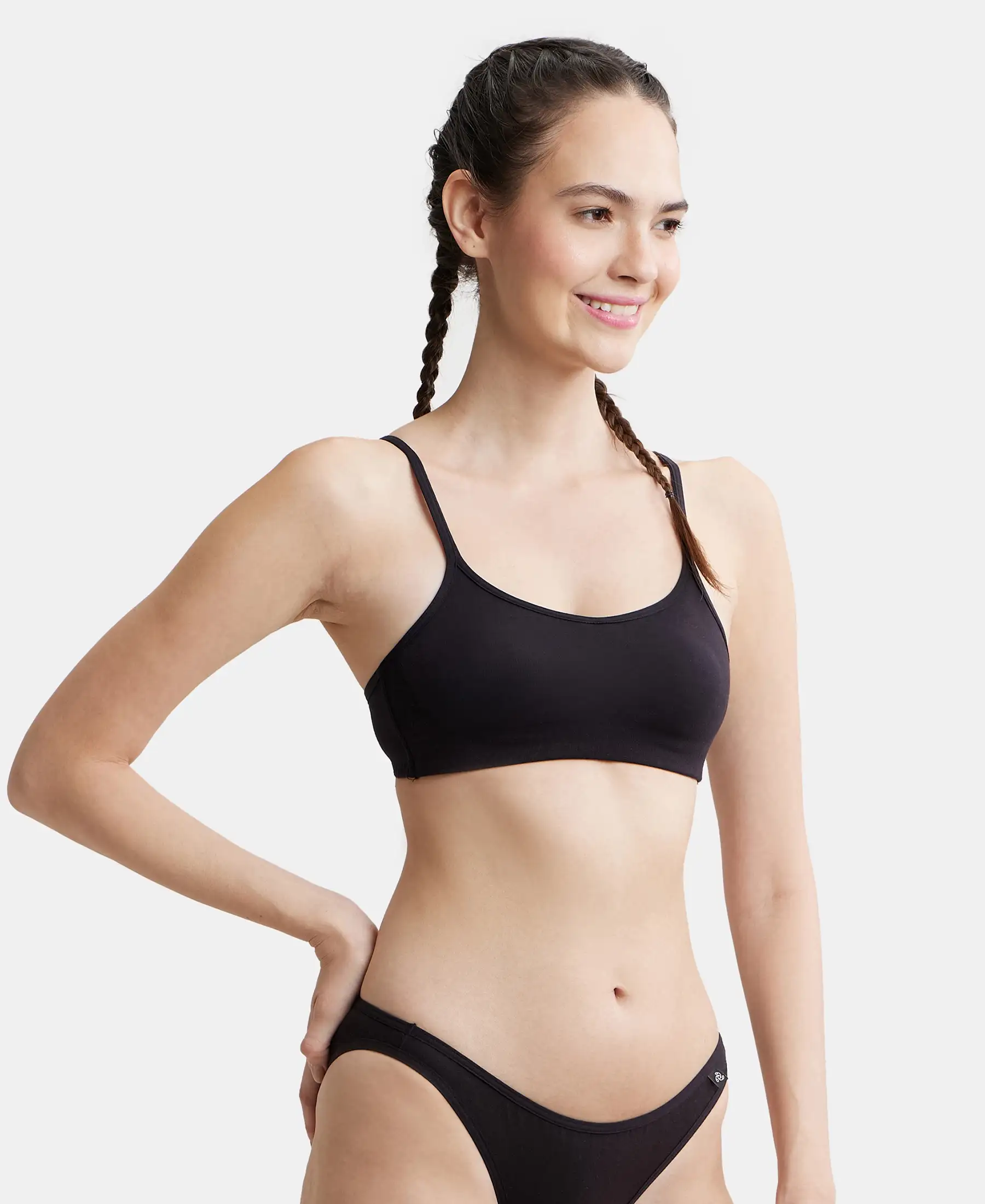 Wirefree Non Padded Super Combed Cotton Elastane Stretch Full Coverage Beginners Bra with Adjustable Straps - Black - Image 2