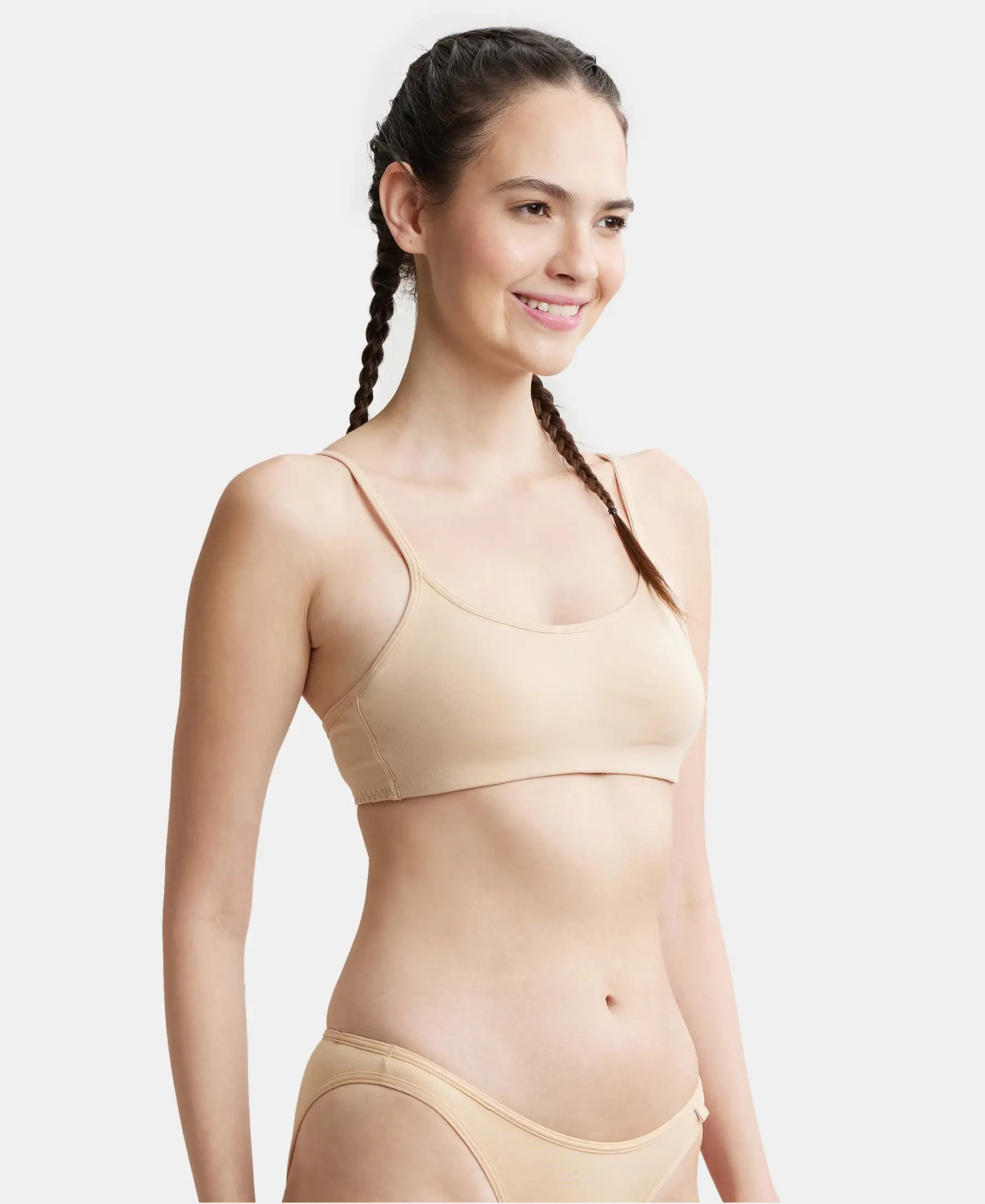 Wirefree Non Padded Super Combed Cotton Elastane Stretch Full Coverage Beginners Bra with Adjustable Straps - Skin - Image 2