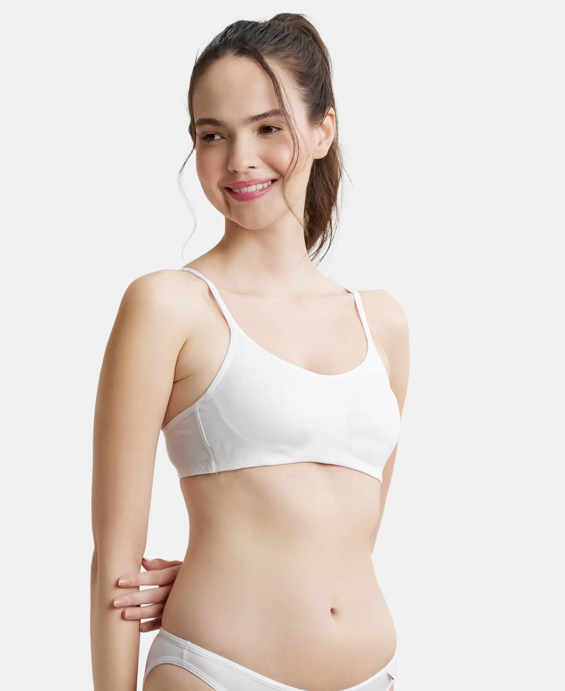Wirefree Non Padded Super Combed Cotton Elastane Stretch Full Coverage Beginners Bra with Adjustable Straps - White - Image 2