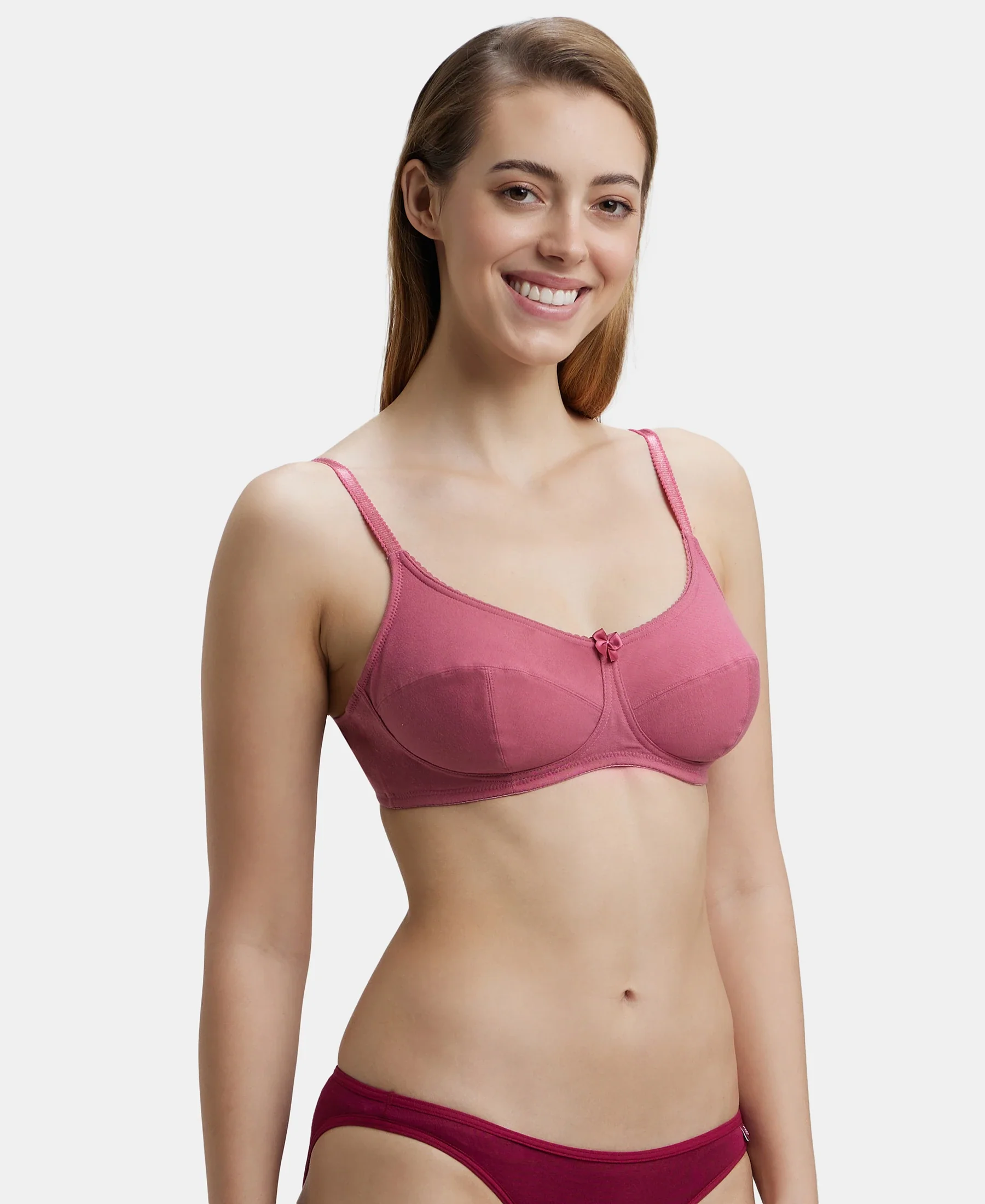 Wirefree Non Padded Super Combed Cotton Elastane Stretch Full Coverage Everyday Bra with Soft Adjustable Straps - Rose Wine - Image 2
