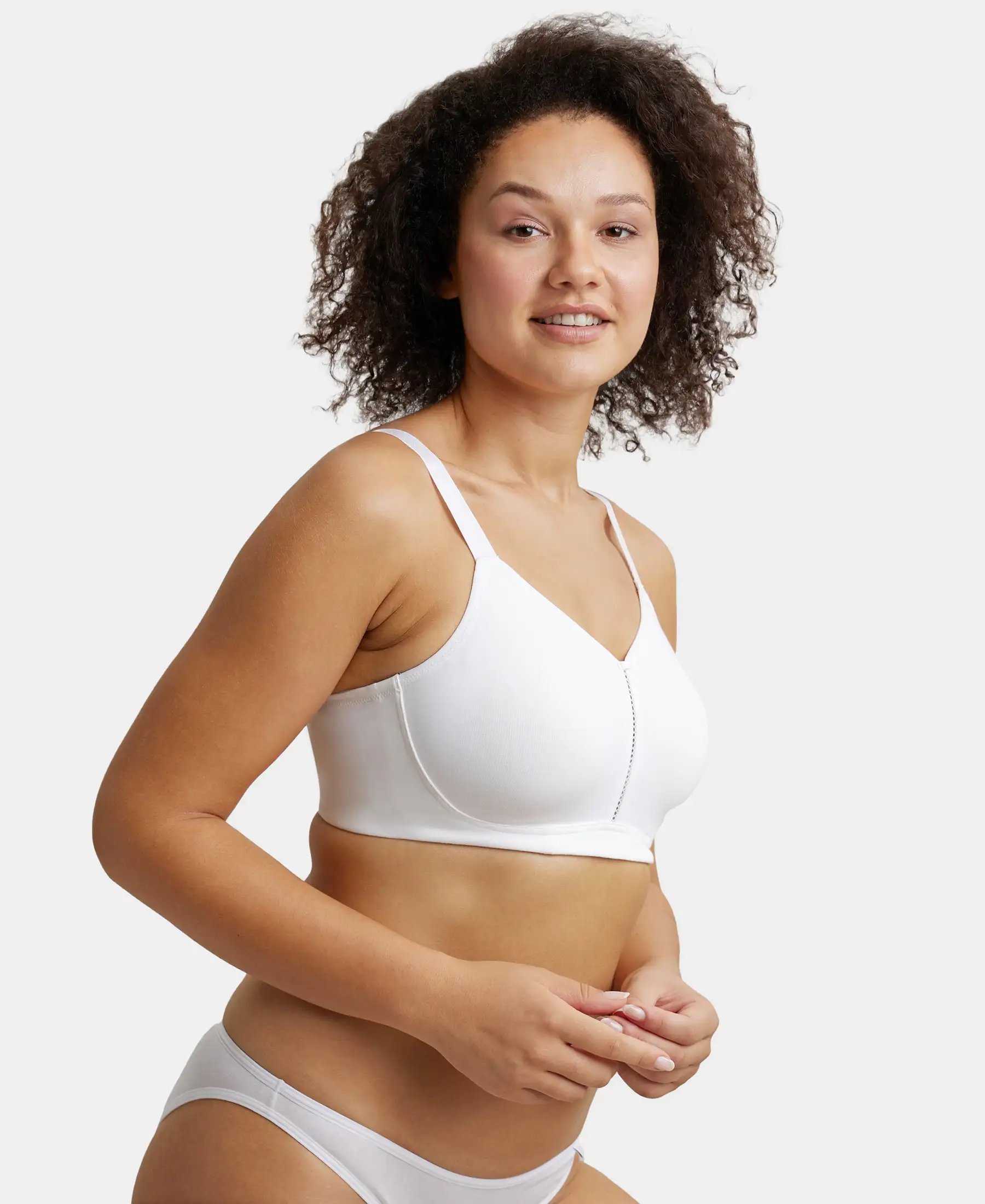Wirefree Non Padded Super Combed Cotton Elastane Stretch Full Coverage Minimizer Bra - White - Image 2
