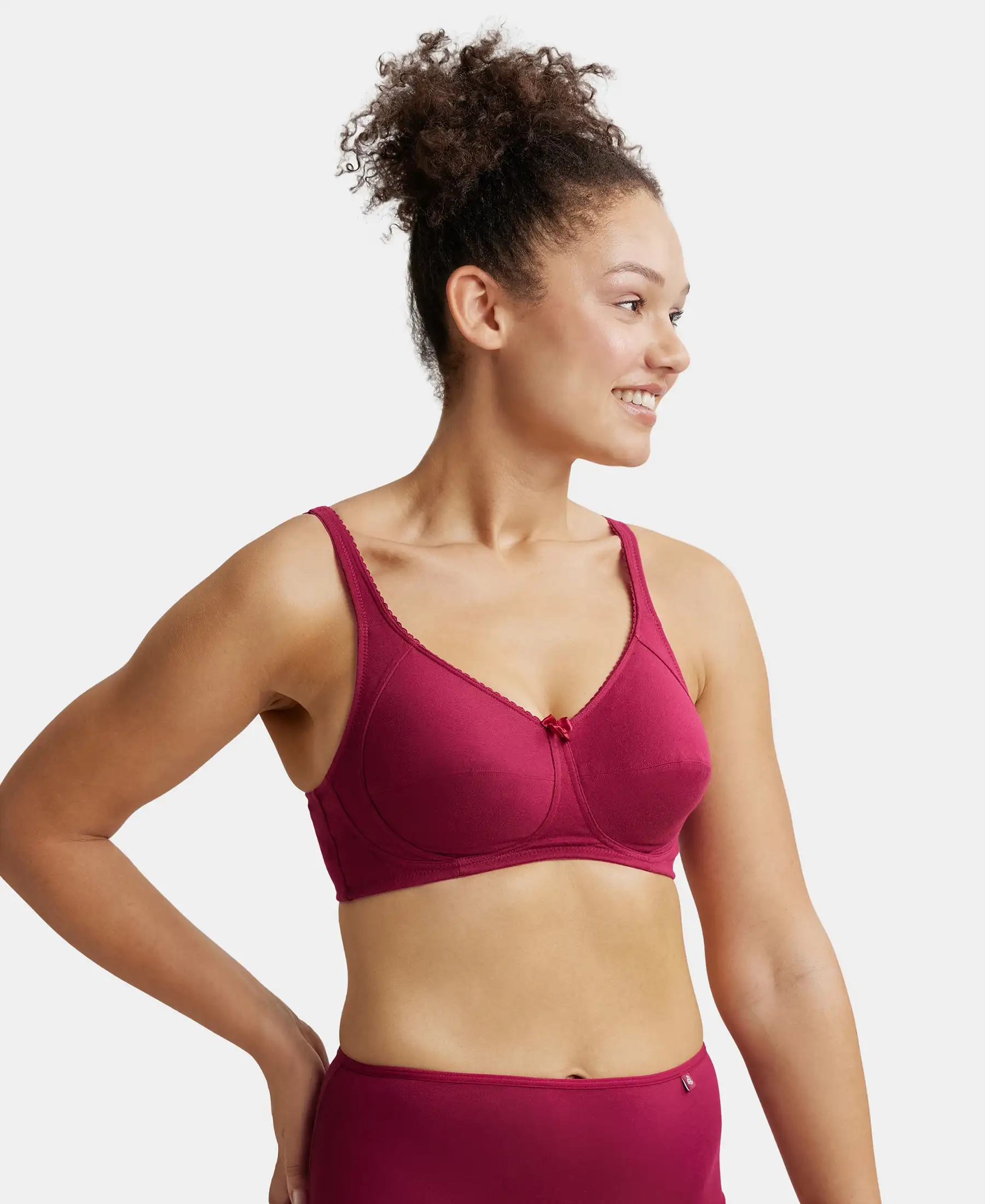 Wirefree Non Padded Super Combed Cotton Elastane Stretch Full Coverage Plus Size Bra with Side Panel Support - Beet Red - Image 2