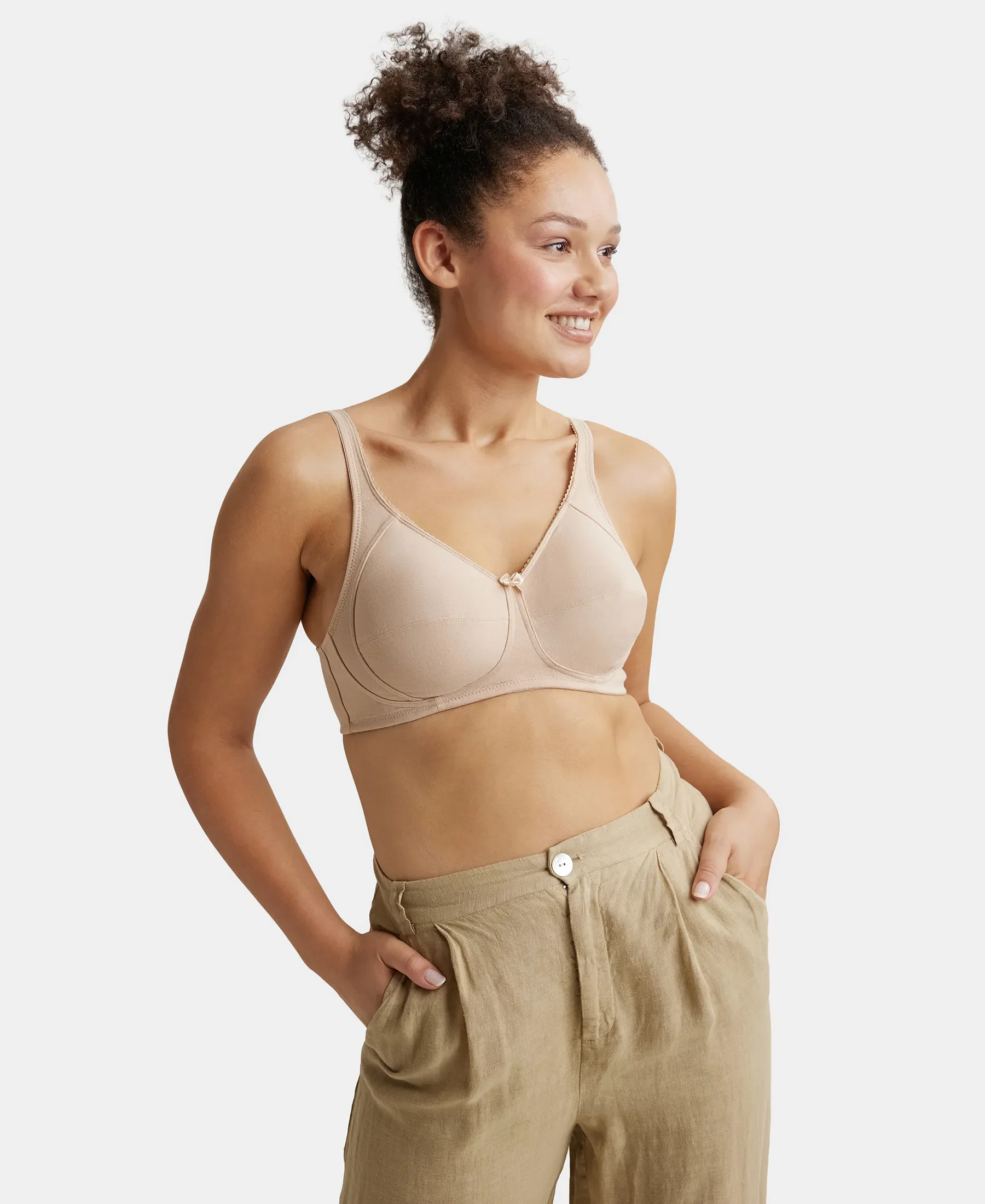 Wirefree Non Padded Super Combed Cotton Elastane Stretch Full Coverage Plus Size Bra with Side Panel Support - Light Skin - Image 6