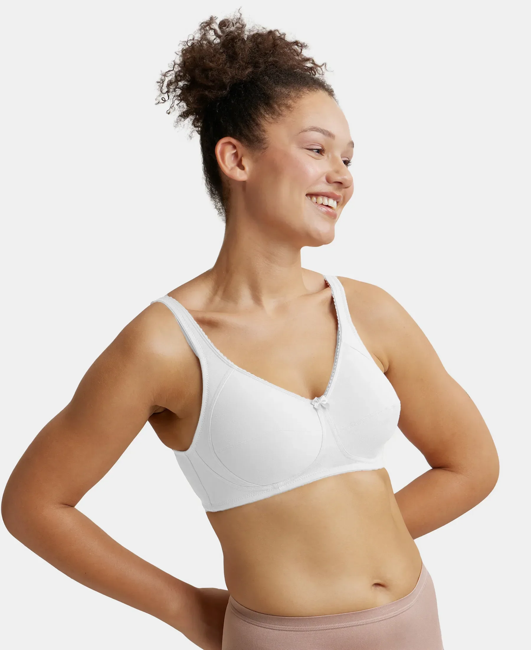 Wirefree Non Padded Super Combed Cotton Elastane Stretch Full Coverage Plus Size Bra with Side Panel Support - White - Image 2