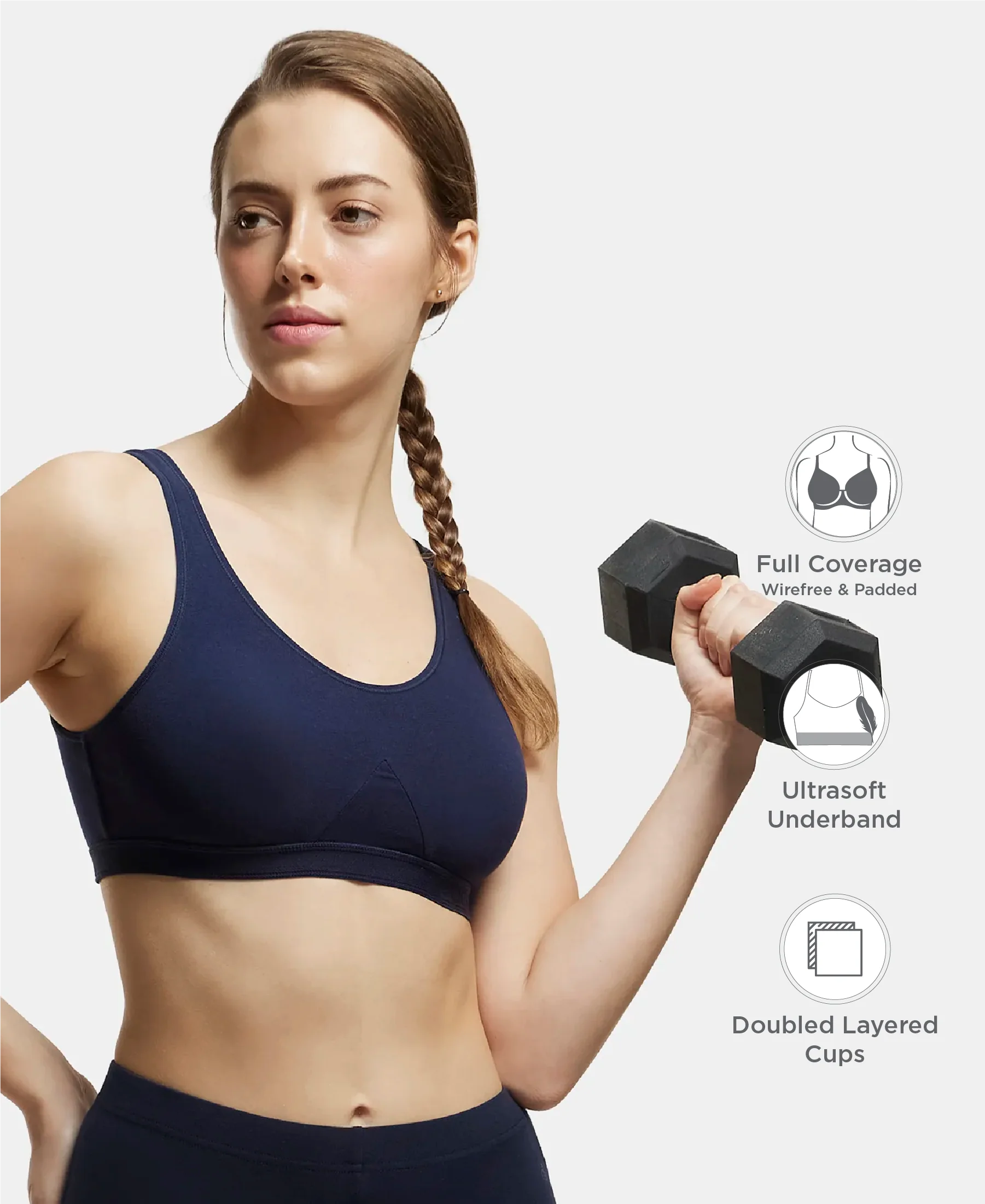 Wirefree Non Padded Super Combed Cotton Elastane Stretch Full Coverage Slip-On Active Bra with Wider Straps and Moisture Move Treatment - Navy Blazer - Image 2