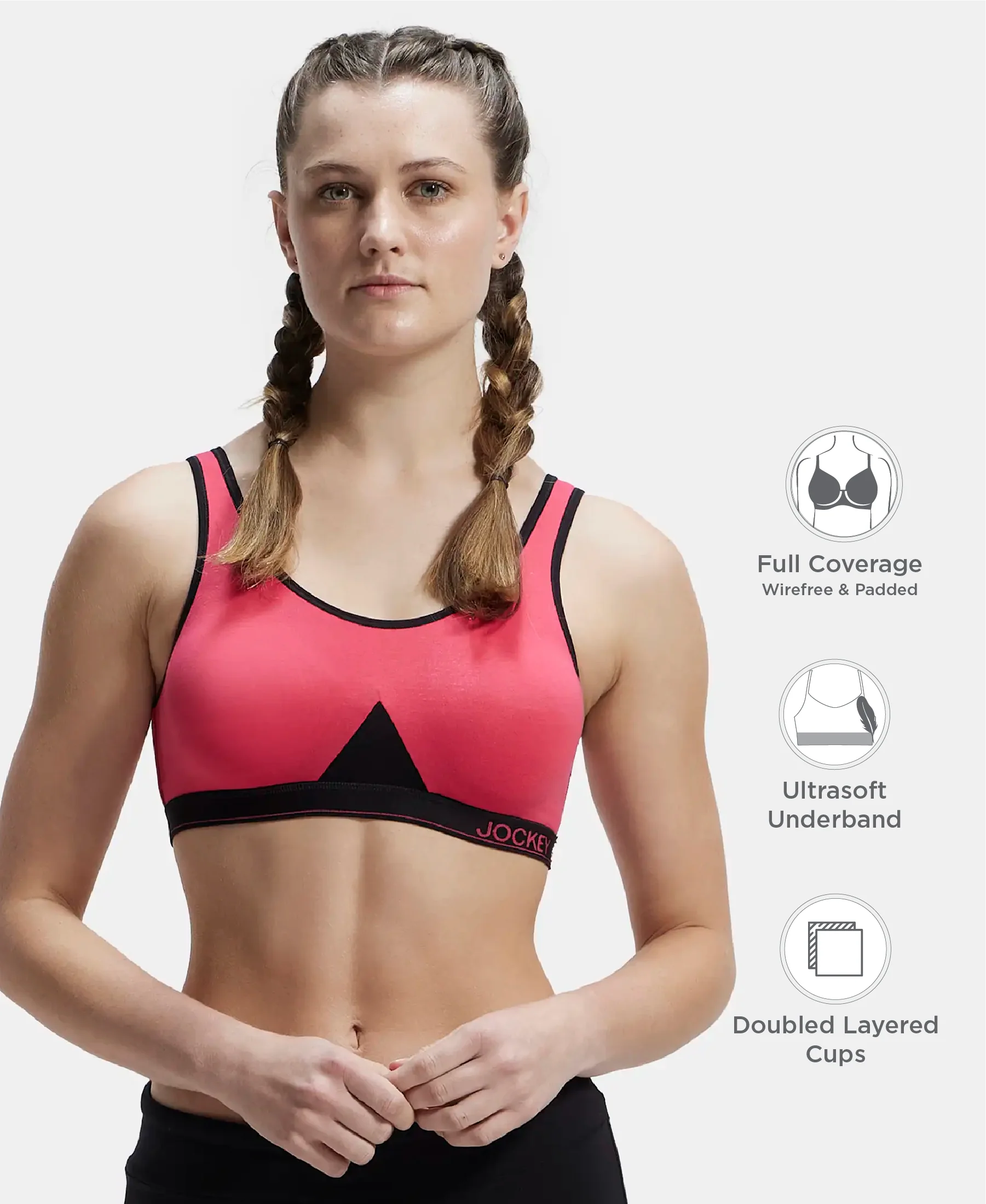Wirefree Non Padded Super Combed Cotton Elastane Stretch Full Coverage Slip-On Active Bra with Wider Straps and Moisture Move Treatment - Ruby - Image 2