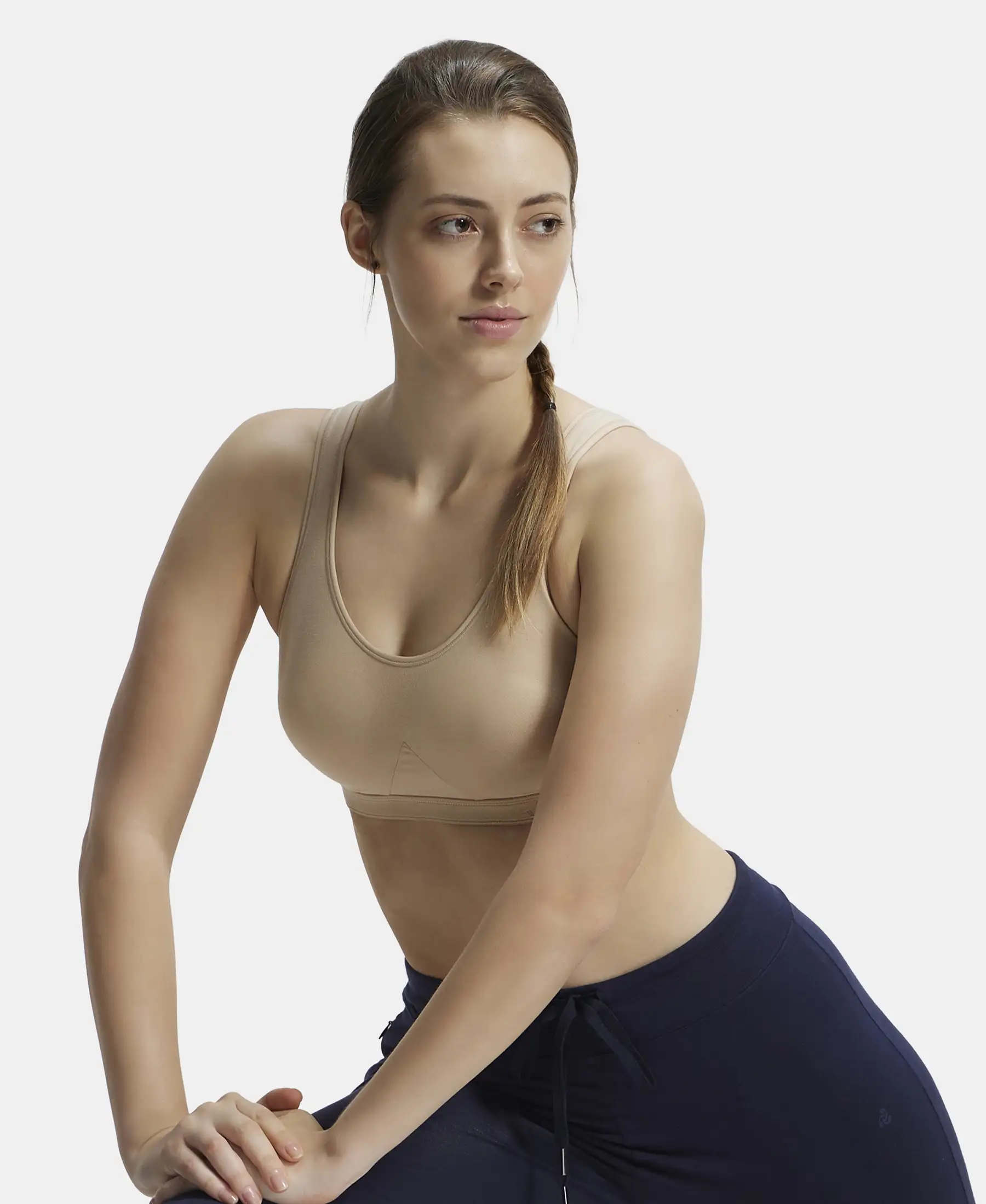 Wirefree Non Padded Super Combed Cotton Elastane Stretch Full Coverage Slip-On Active Bra with Wider Straps and Moisture Move Treatment - Skin - Image 5