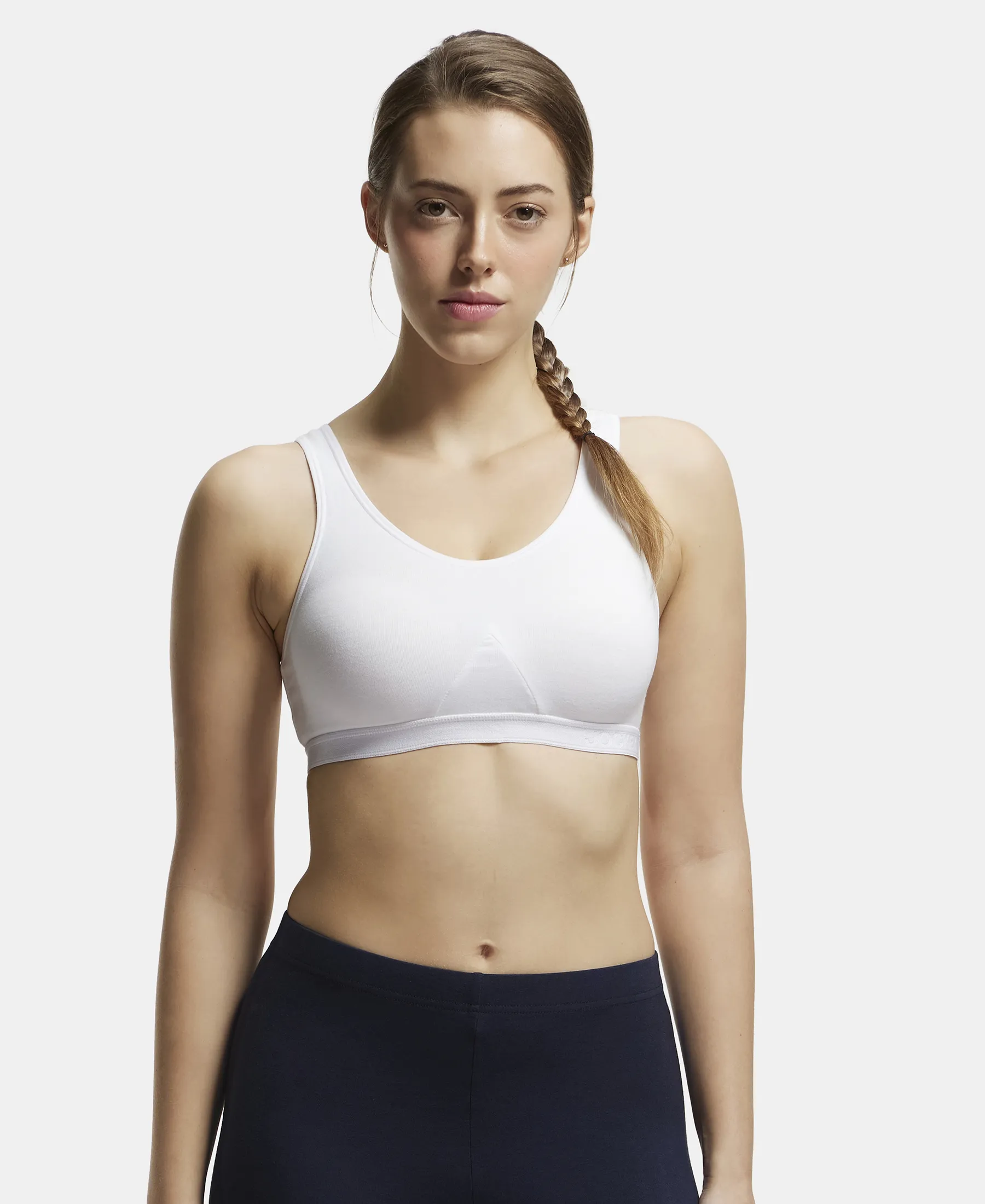 Wirefree Non Padded Super Combed Cotton Elastane Stretch Full Coverage Slip-On Active Bra with Wider Straps and Moisture Move Treatment - White