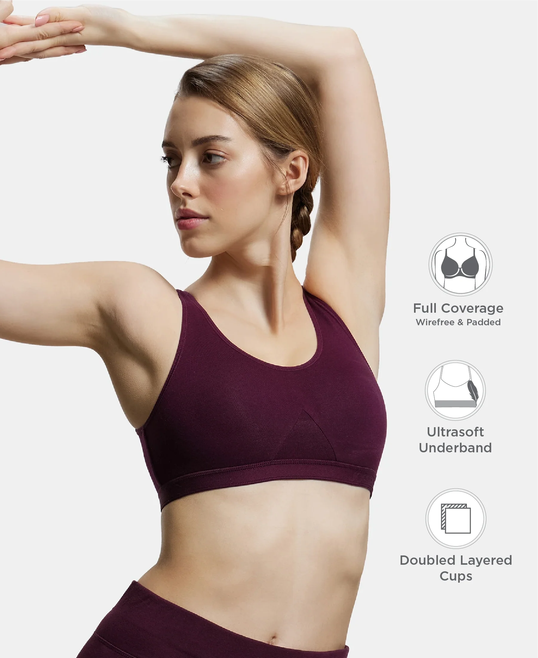 Wirefree Non Padded Super Combed Cotton Elastane Stretch Full Coverage Slip-On Active Bra with Wider Straps and Moisture Move Treatment - Wine Tasting - Image 2