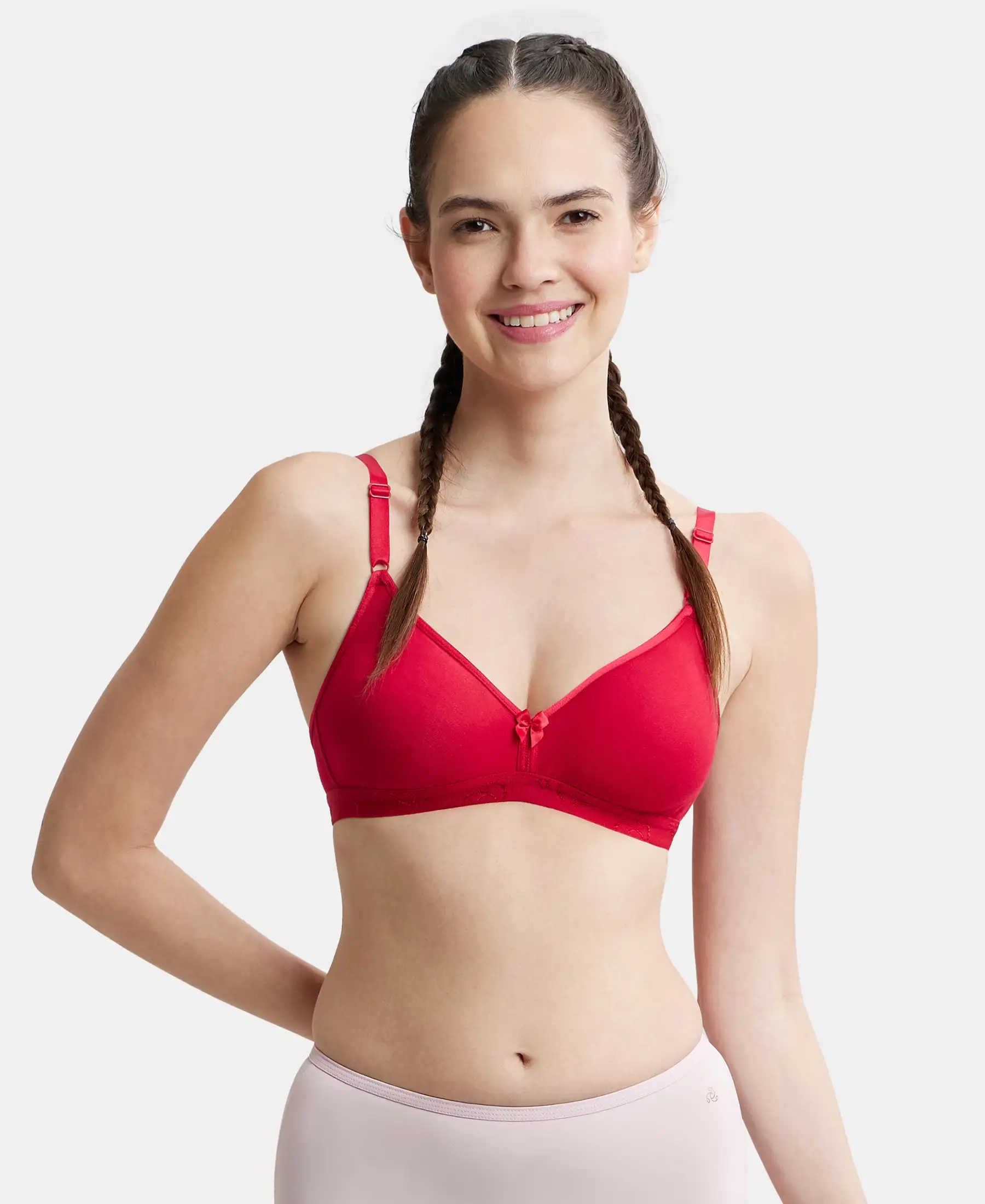 Wirefree Non Padded Super Combed Cotton Elastane Stretch Everyday Bra with Ultrasoft and Durable Underband - Red Love