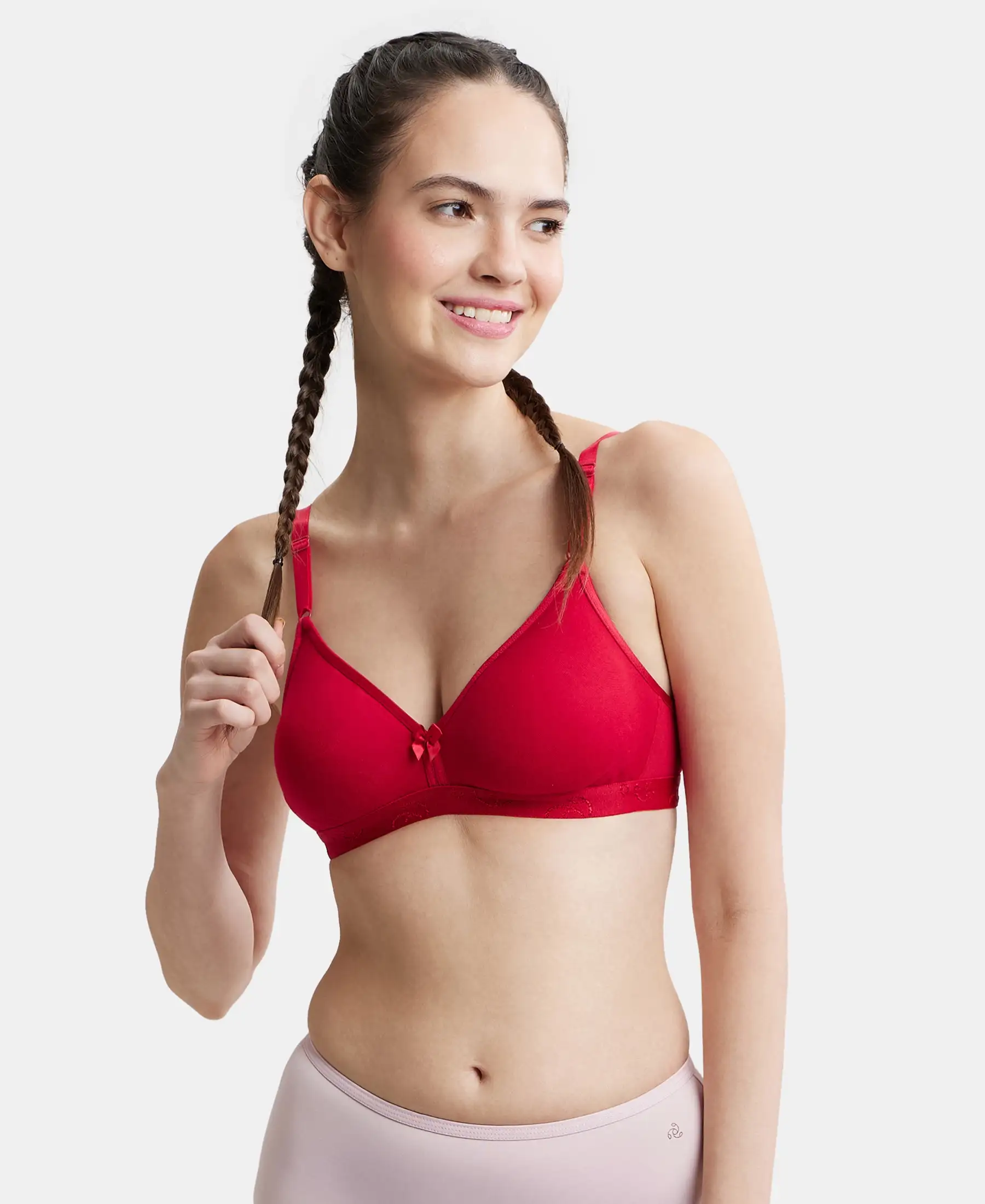 Wirefree Non Padded Super Combed Cotton Elastane Stretch Everyday Bra with Ultrasoft and Durable Underband - Red Love - Image 2