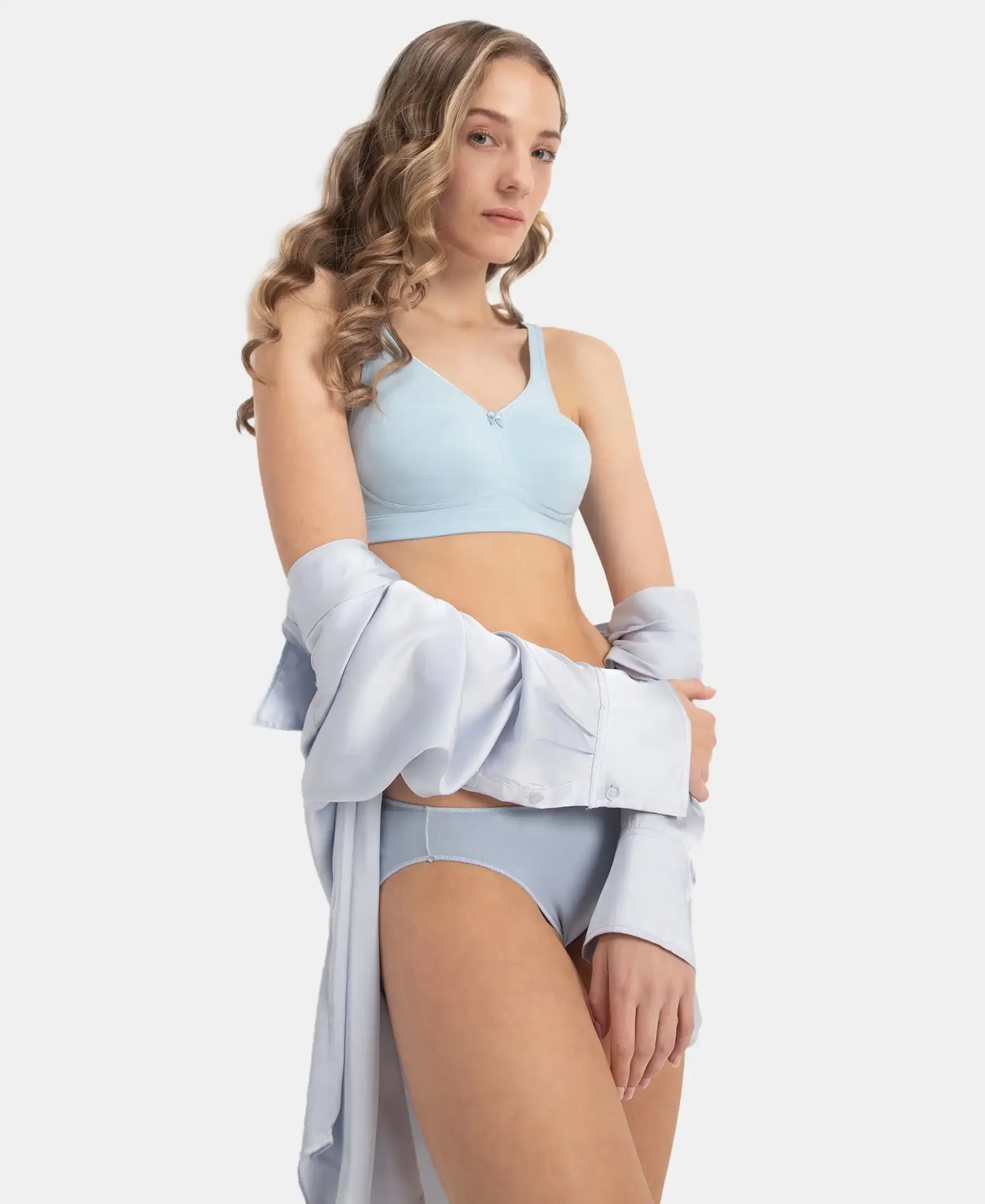 Wirefree Non Padded Super Combed Cotton Elastane Stretch Full Coverage Everyday Bra with Concealed Shaper Panel - Angel Falls - Image 5
