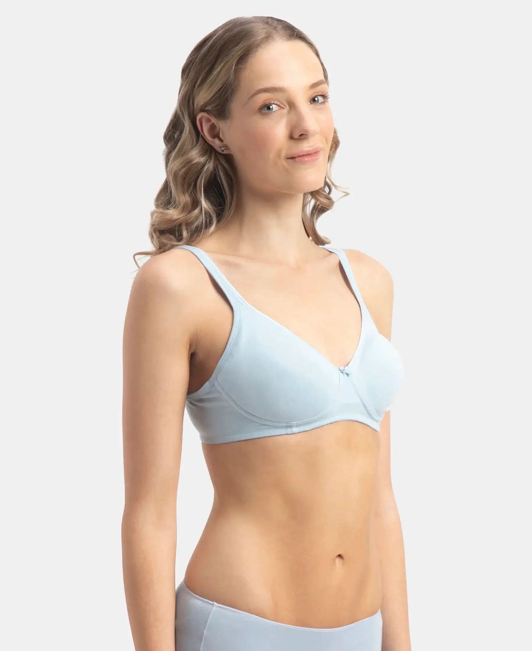 Wirefree Non Padded Super Combed Cotton Elastane Stretch Medium Coverage Everyday Bra with Concealed Shaper Panel - Angel Falls - Image 2