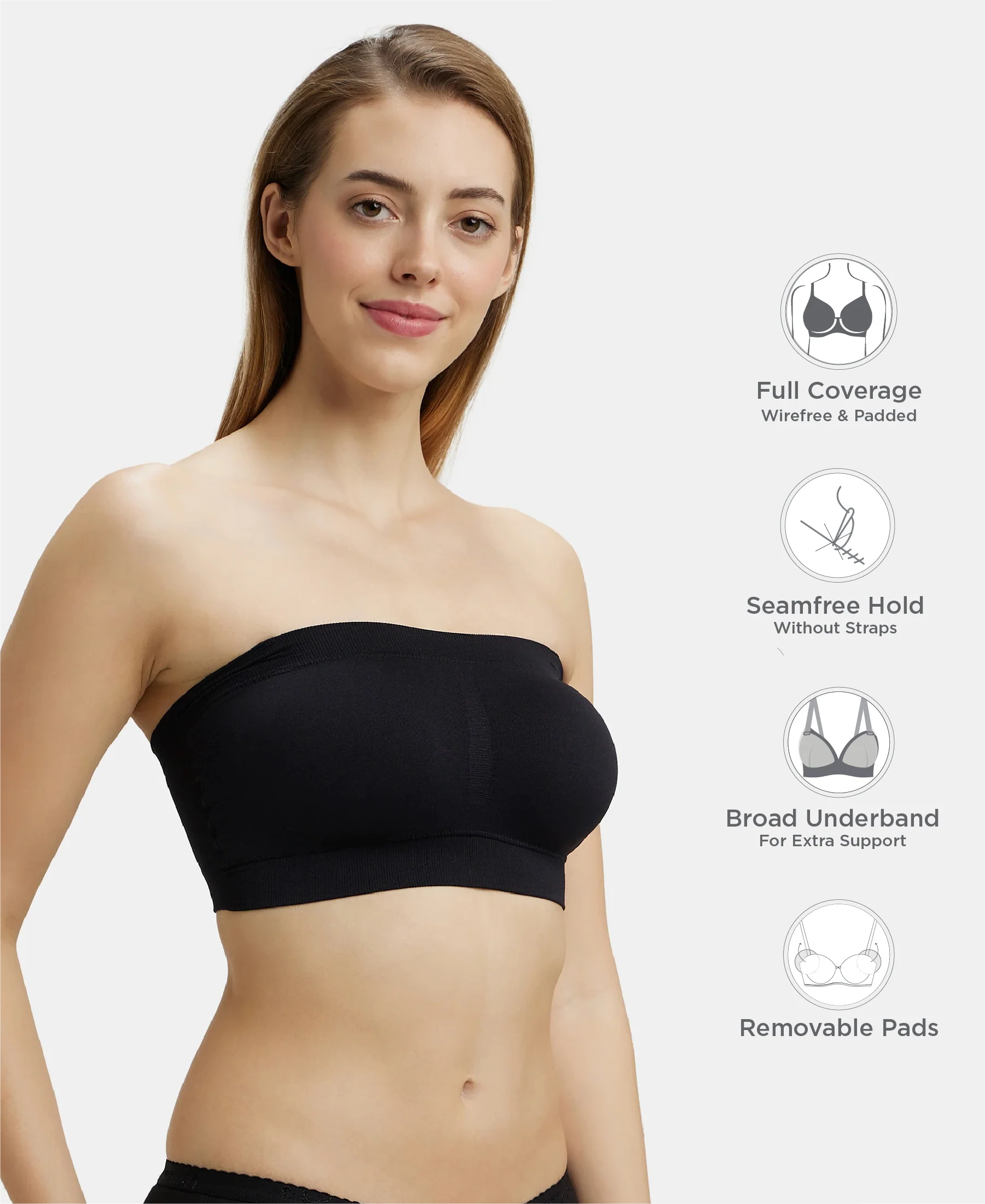 Wirefree Padded Micro Touch Nylon Elastane Stretch Bandeau Bra with Removable Pads and Detachable Transparent Straps - Black - Image 2