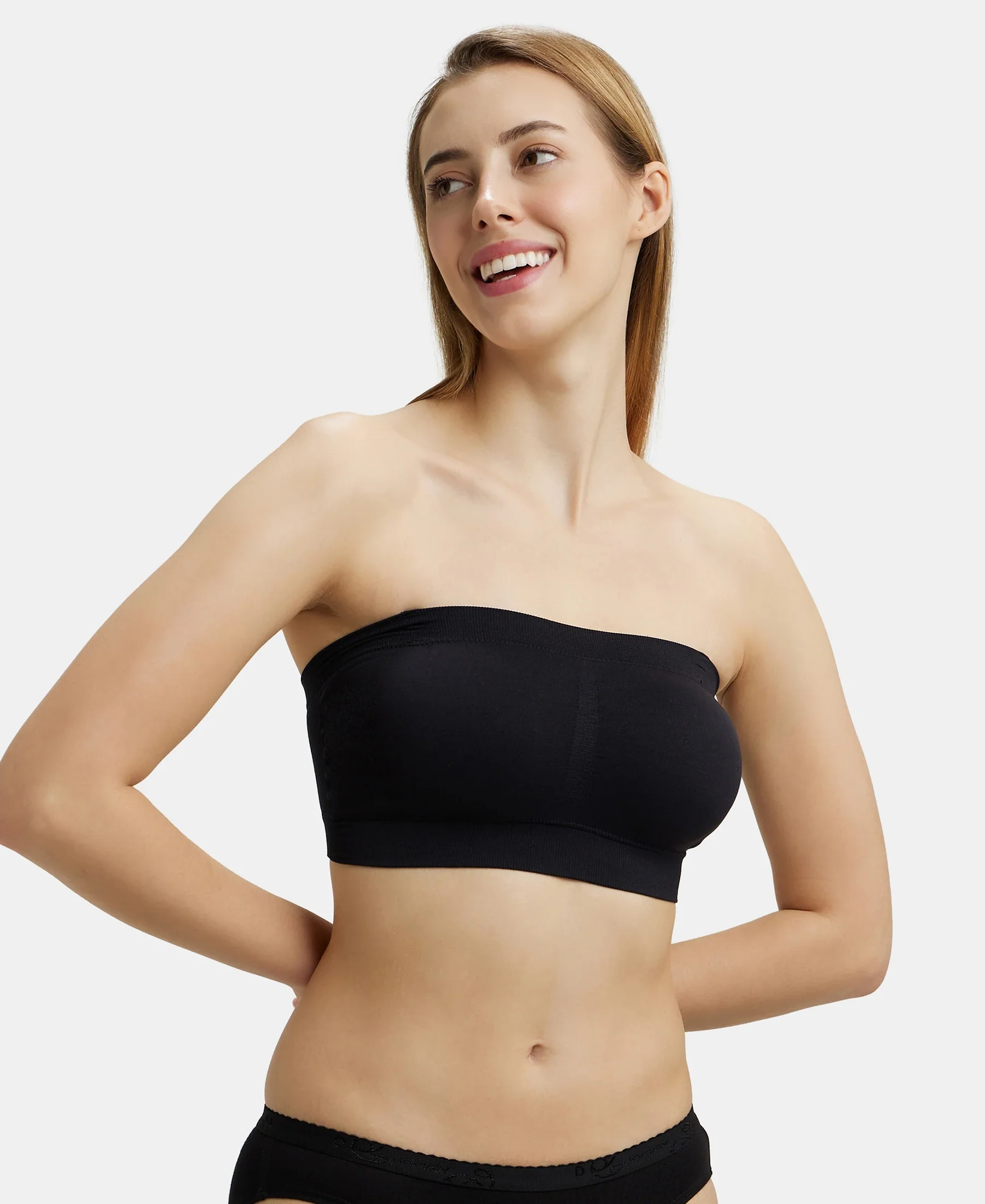 Wirefree Padded Micro Touch Nylon Elastane Stretch Bandeau Bra with Removable Pads and Detachable Transparent Straps - Black - Image 5