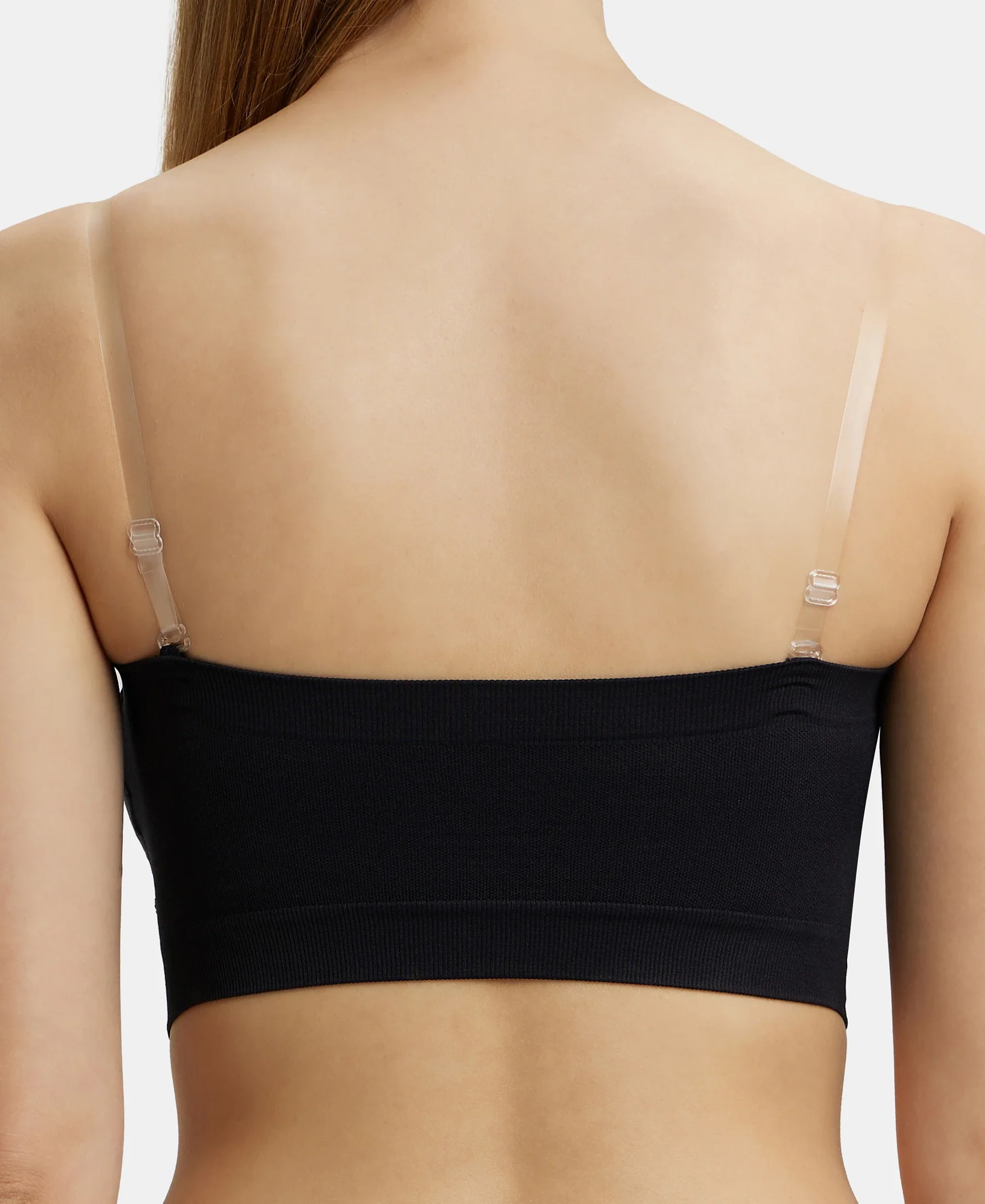 Wirefree Padded Micro Touch Nylon Elastane Stretch Bandeau Bra with Removable Pads and Detachable Transparent Straps - Black - Image 8