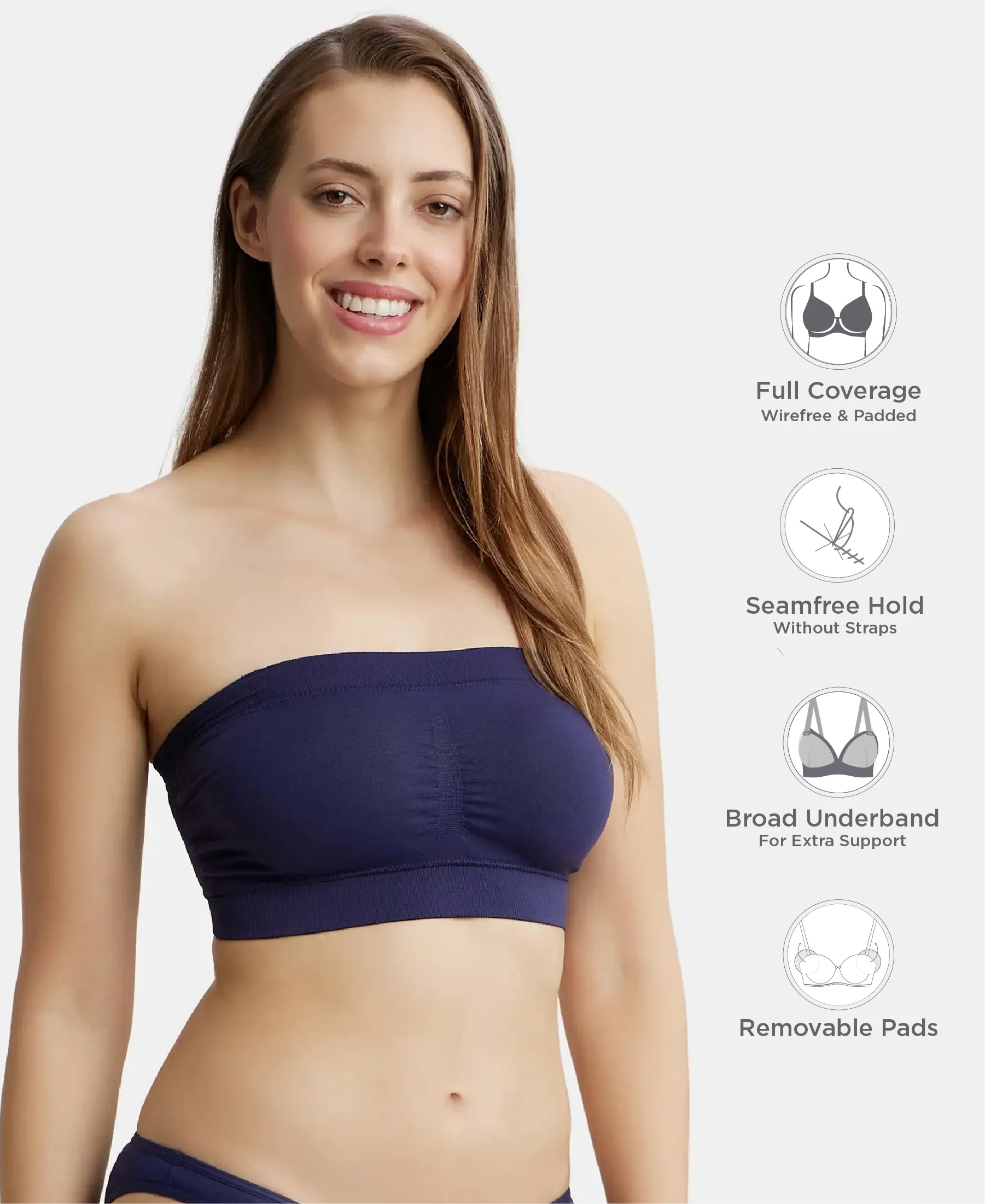 Wirefree Padded Micro Touch Nylon Elastane Stretch Bandeau Bra with Removable Pads and Detachable Transparent Straps - Classic Navy - Image 2