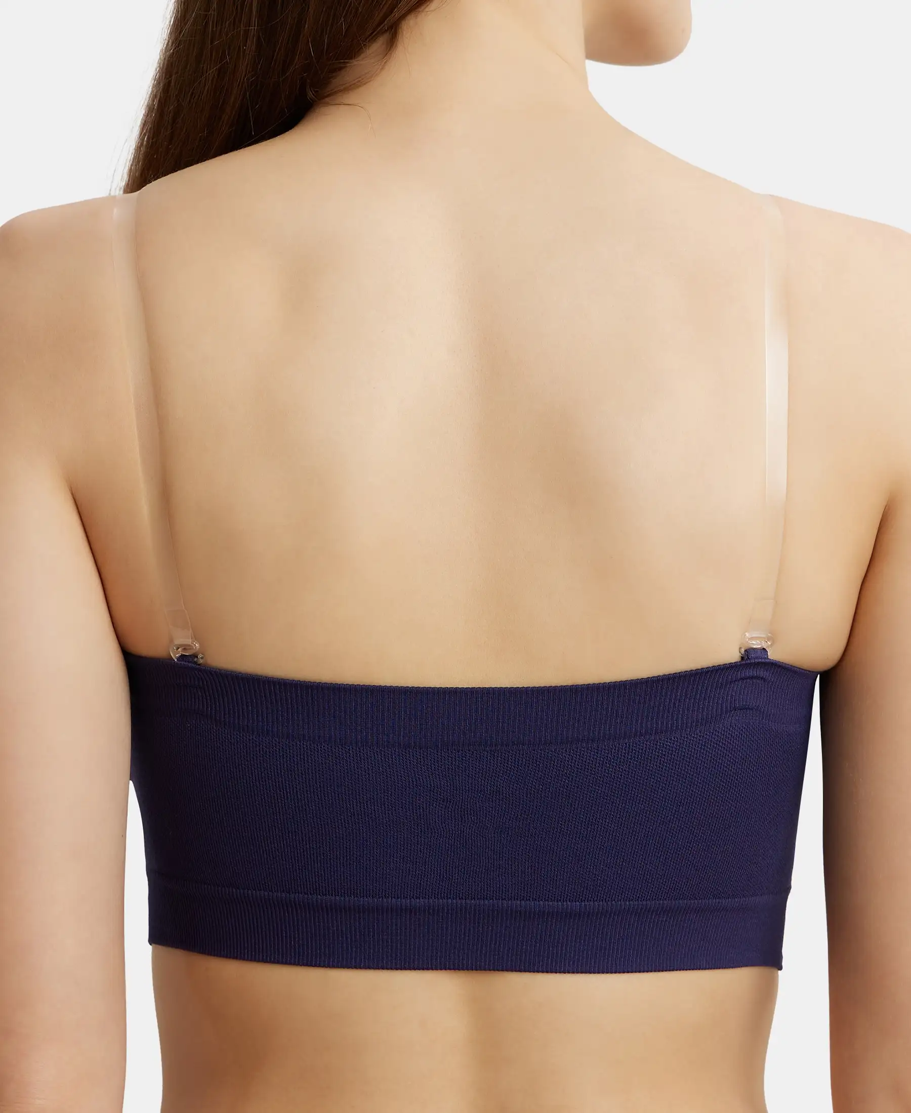 Wirefree Padded Micro Touch Nylon Elastane Stretch Bandeau Bra with Removable Pads and Detachable Transparent Straps - Classic Navy - Image 7