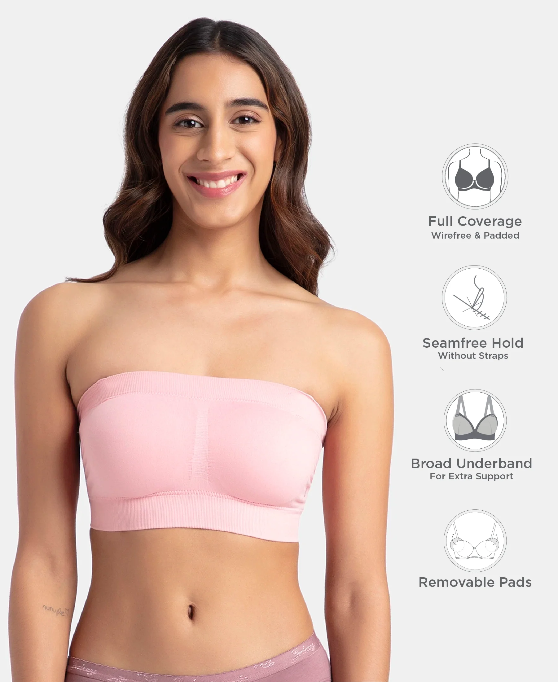 Wirefree Padded Micro Touch Nylon Elastane Stretch Bandeau Bra with Removable Pads and Detachable Transparent Straps - Crush N Blush - Image 2