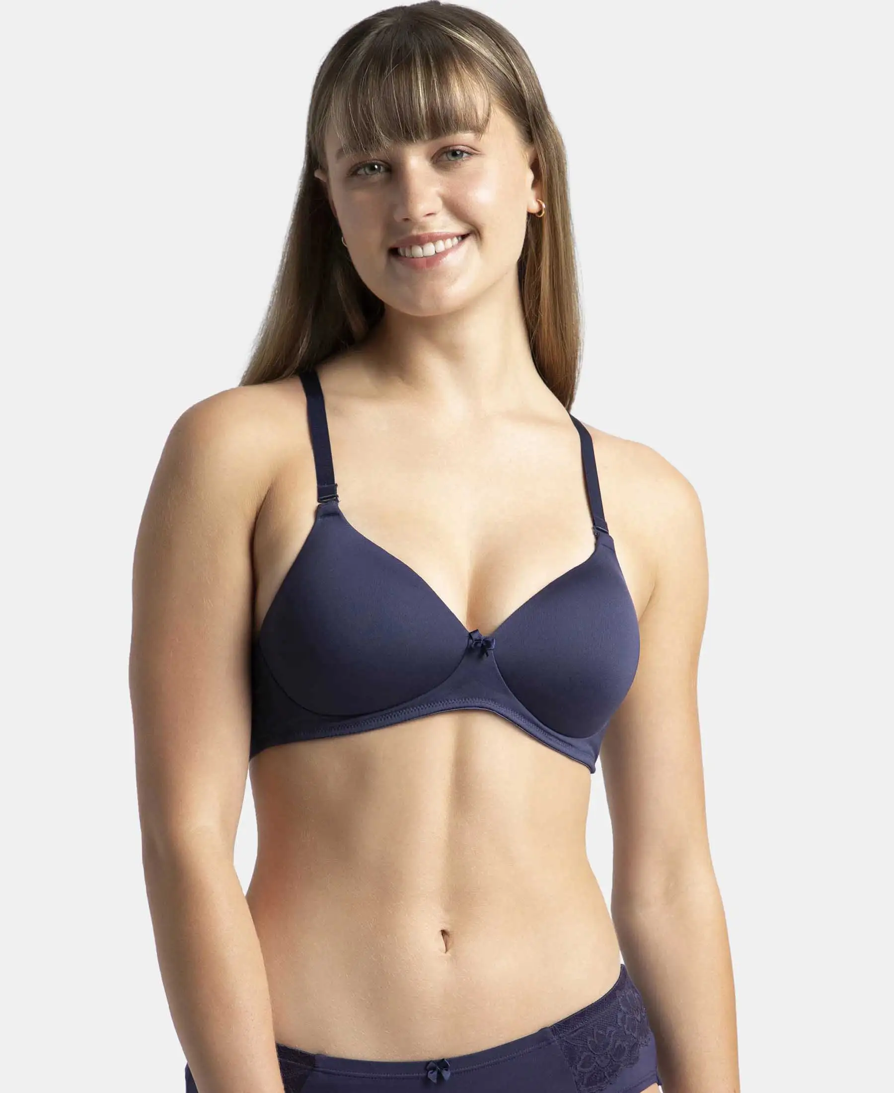 Wirefree Padded Microfiber Elastane Stretch Full Coverage T-Shirt Bra with Magic Under Cup - Classic Navy