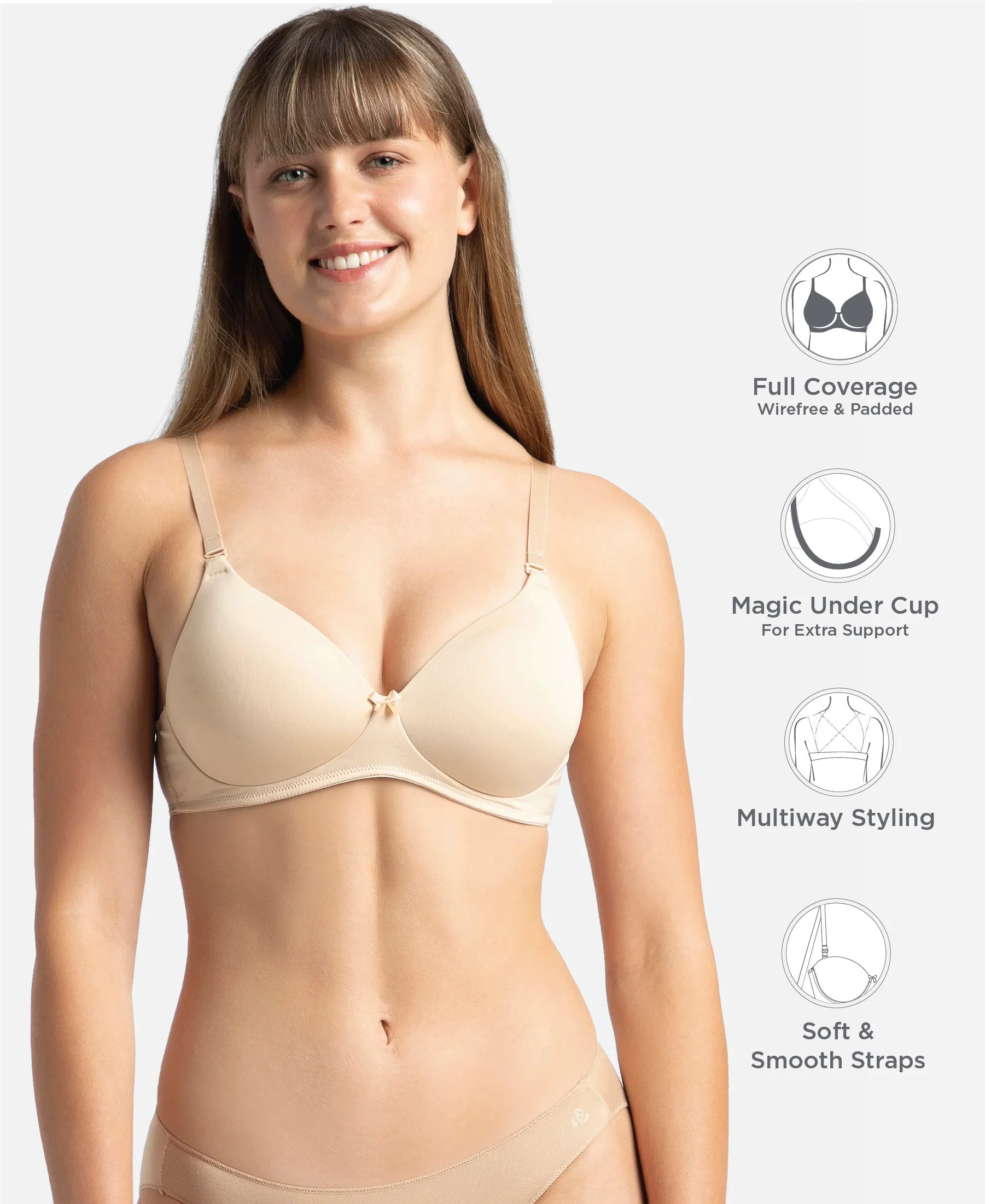 Wirefree Padded Microfiber Elastane Stretch Full Coverage T-Shirt Bra with Magic Under Cup - Light Skin - Image 2