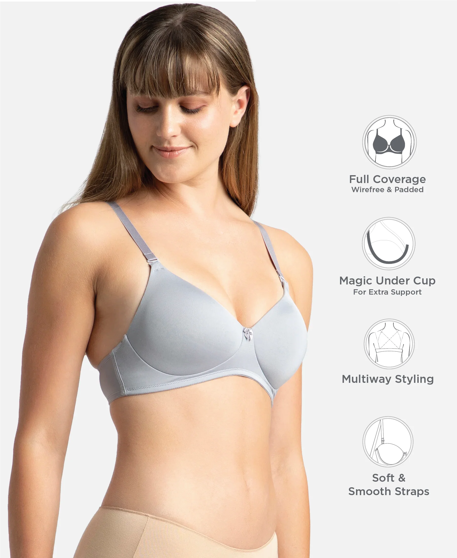 Wirefree Padded Microfiber Elastane Stretch Full Coverage T-Shirt Bra with Magic Under Cup - Lilac Grey - Image 2