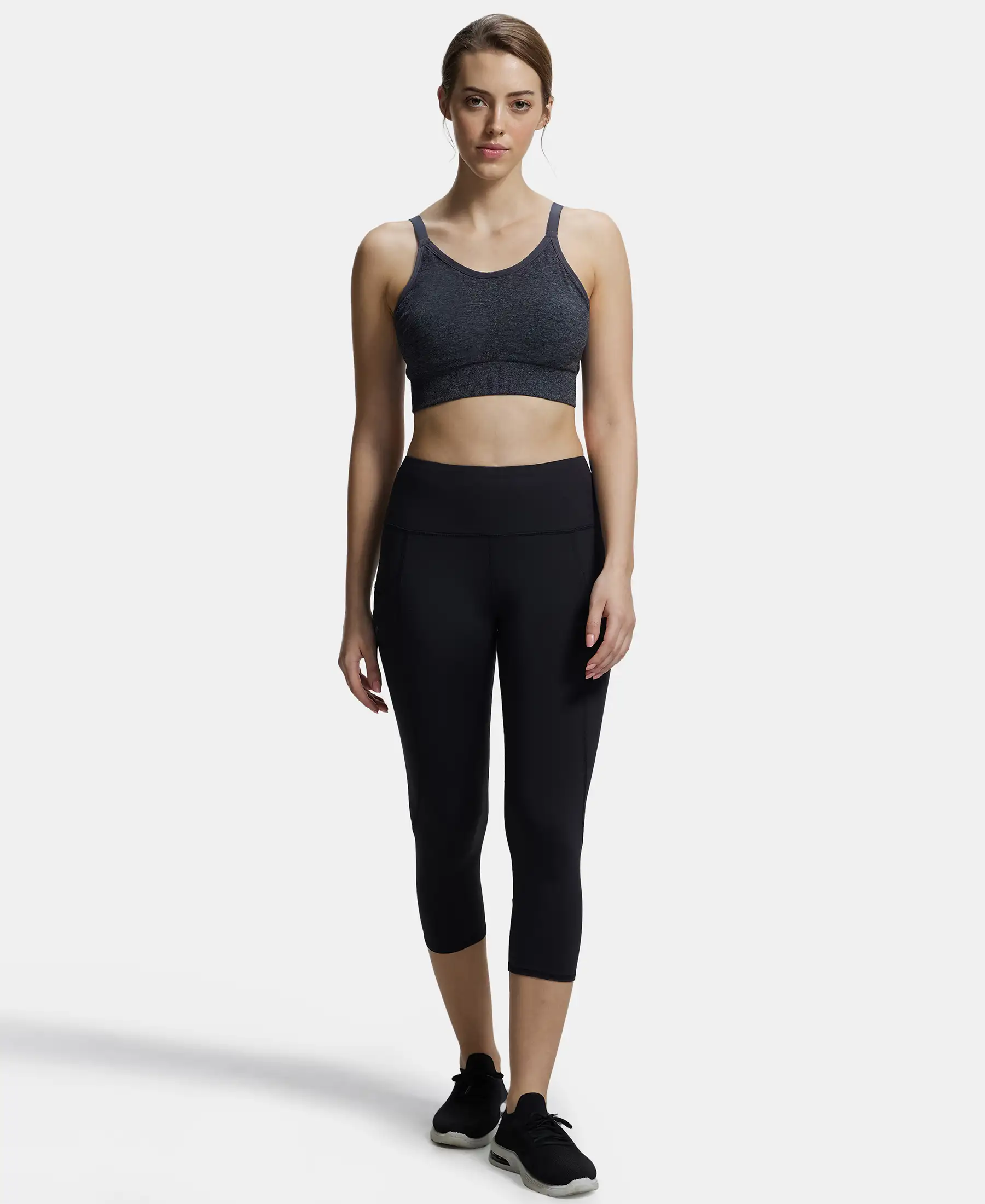 Wirefree Padded Recycled Nylon Elastane Stretch Racerback Styling Sports Bra with Stay Fresh Treatment - Black Melange - Image 4