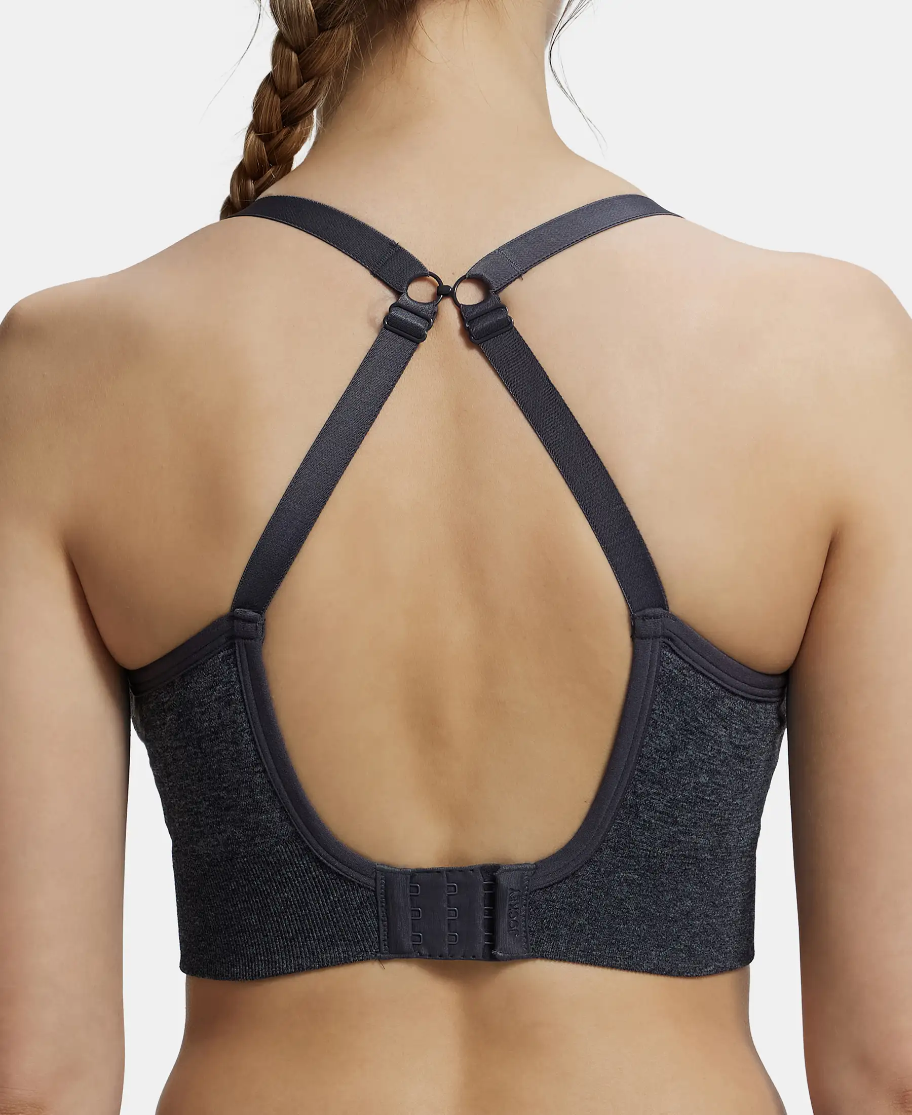 Wirefree Padded Recycled Nylon Elastane Stretch Racerback Styling Sports Bra with Stay Fresh Treatment - Black Melange - Image 8