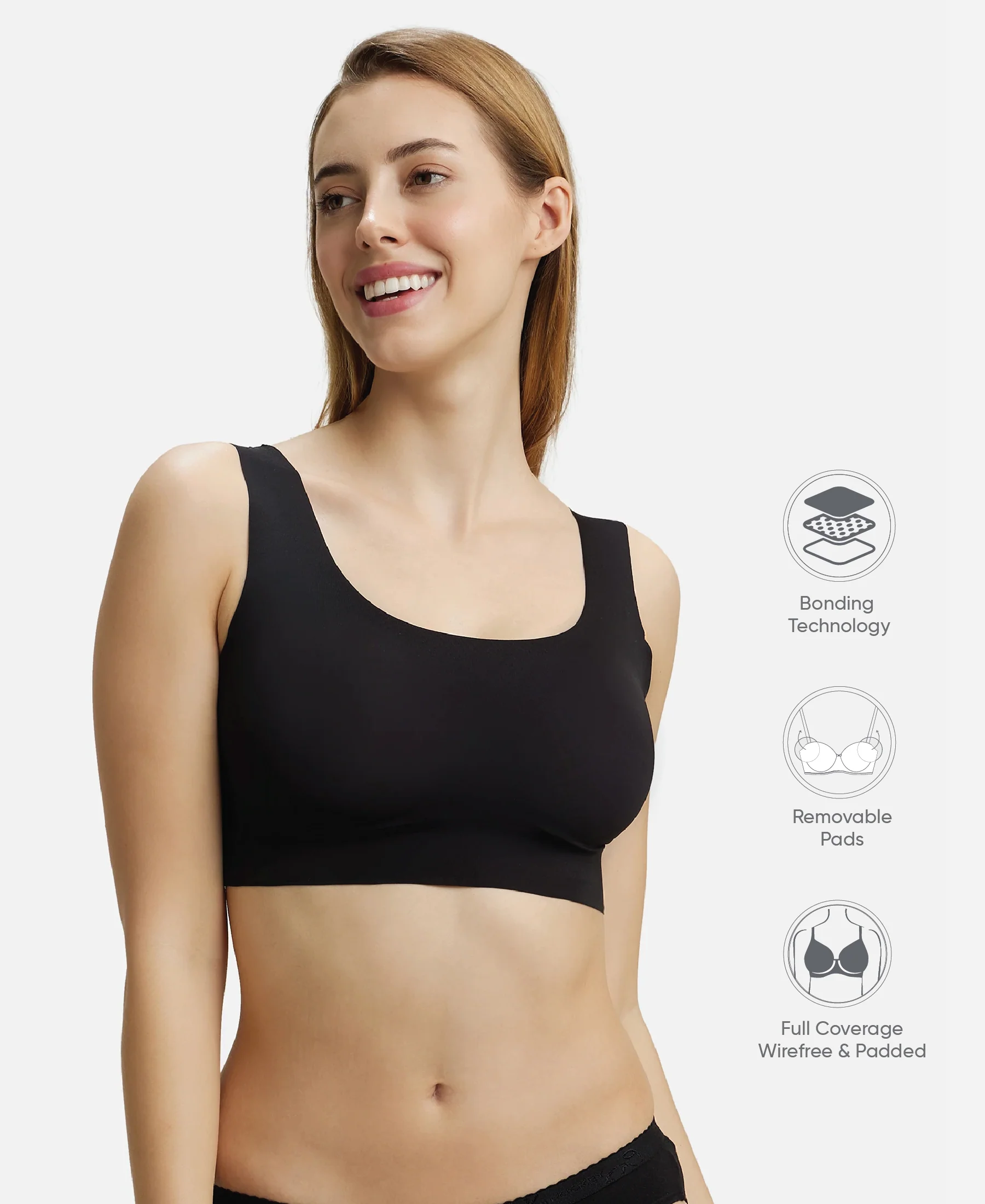 Wirefree Padded Soft touch Microfiber Elastane Bonded Tech Full Coverage Lounge Bra with 360 Degree Stretch - Black - Image 2