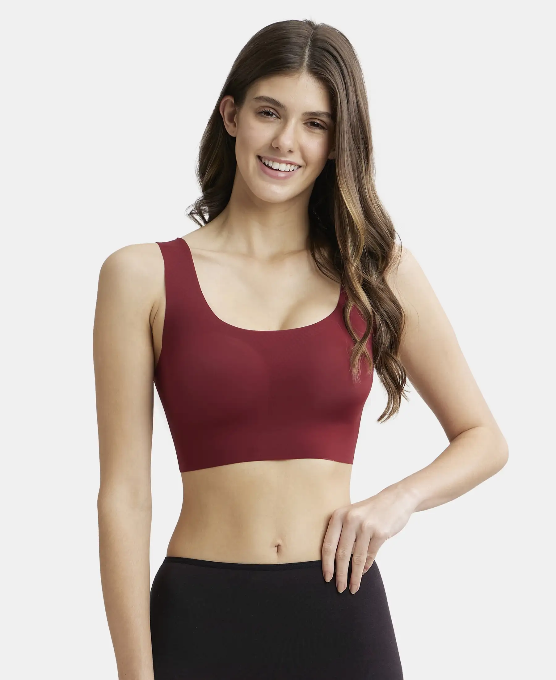 Wirefree Padded Soft touch Microfiber Elastane Bonded Tech Full Coverage Lounge Bra with 360 Degree Stretch - Pomegranate
