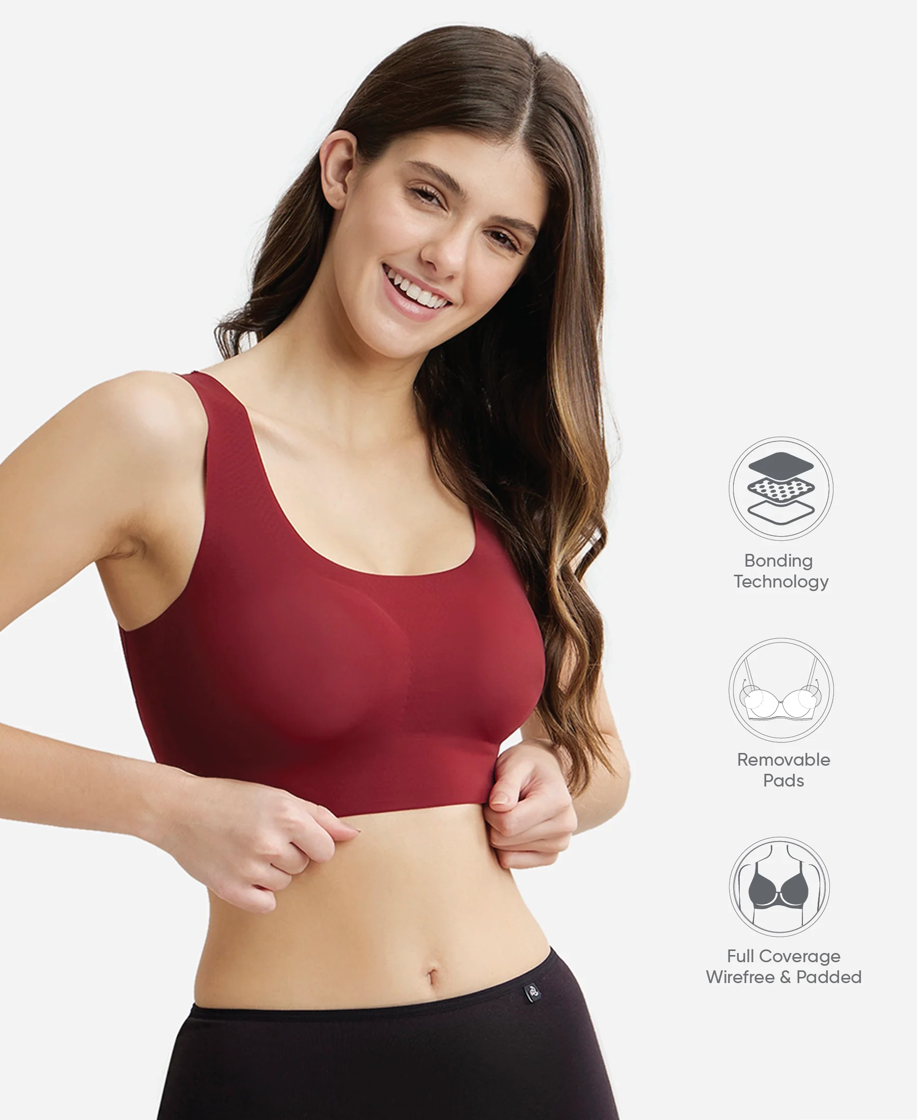 Wirefree Padded Soft touch Microfiber Elastane Bonded Tech Full Coverage Lounge Bra with 360 Degree Stretch - Pomegranate - Image 2