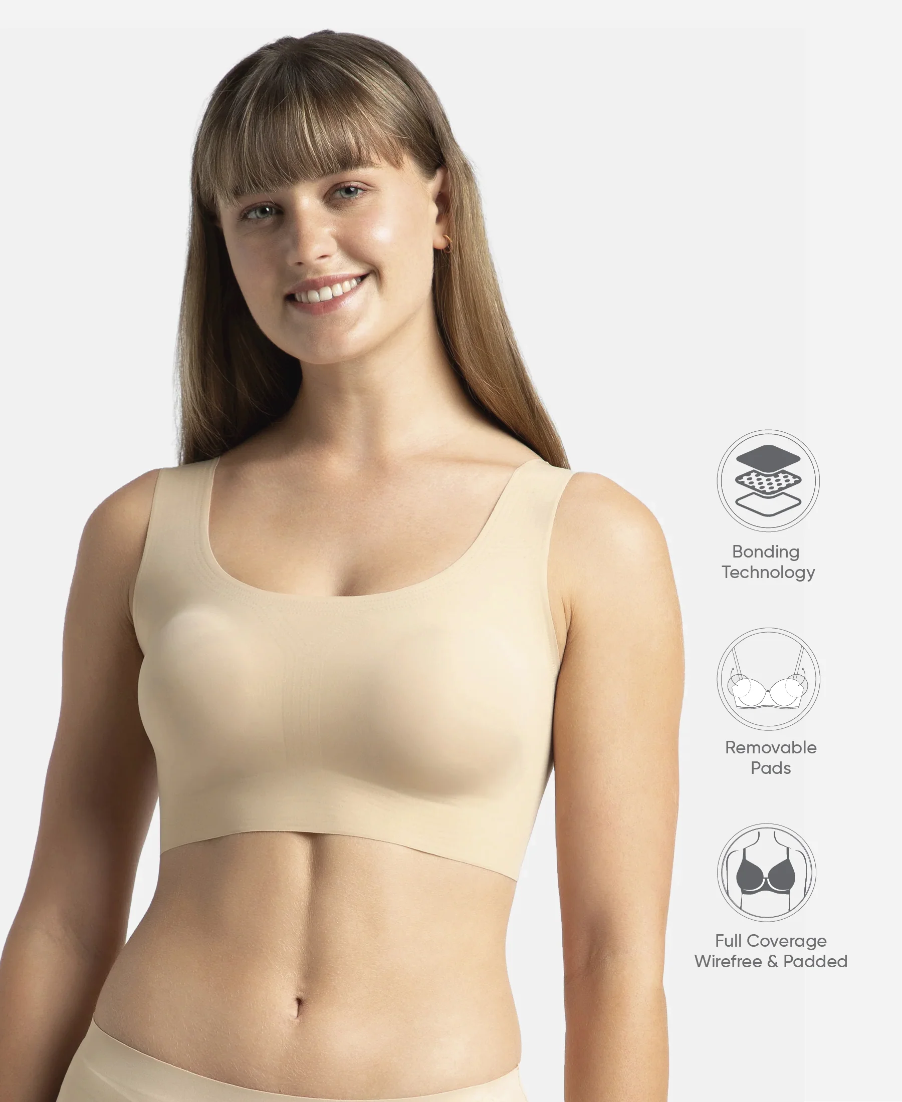 Wirefree Padded Soft touch Microfiber Elastane Bonded Tech Full Coverage Lounge Bra with 360 Degree Stretch - Skin - Image 2