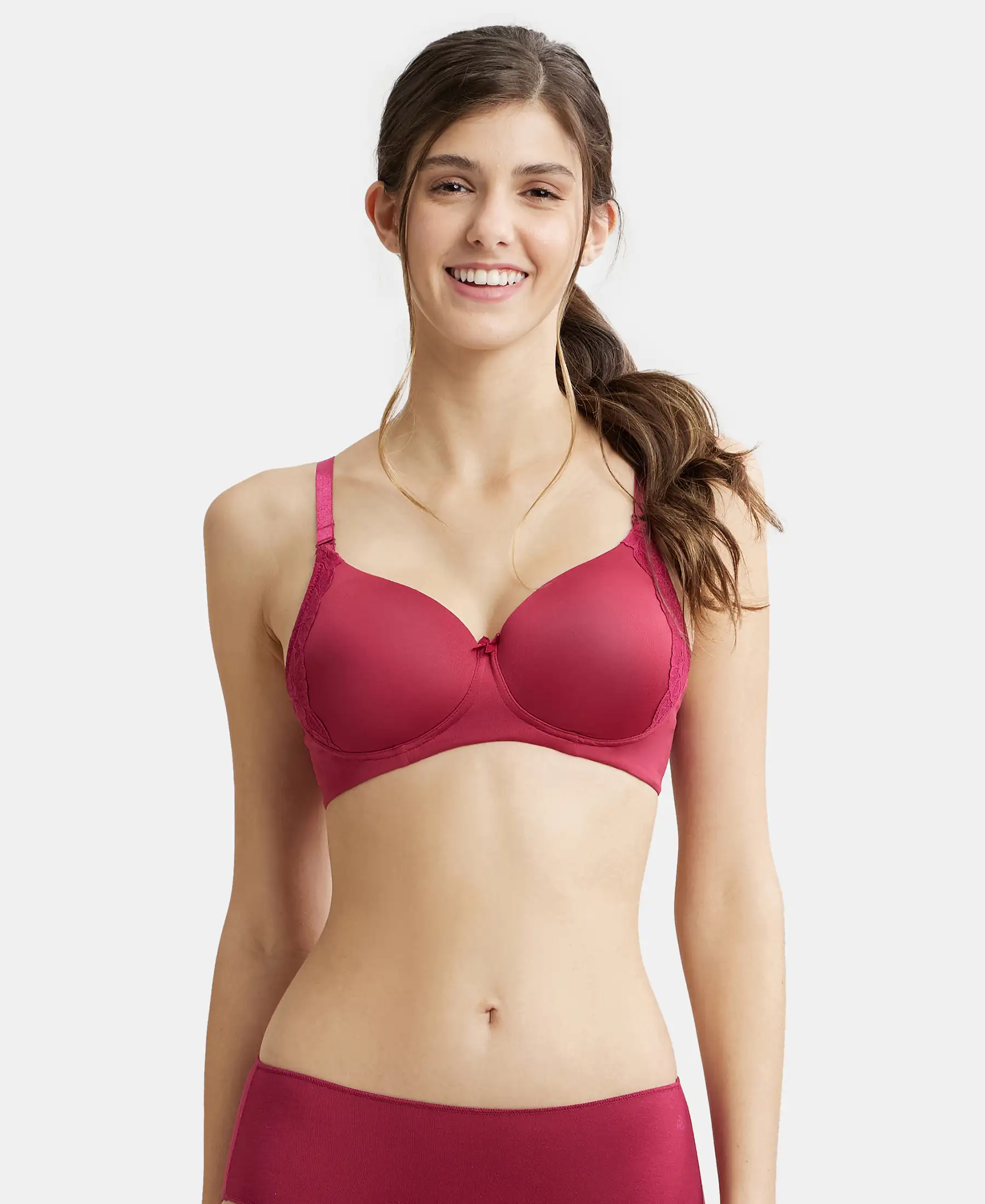 Wirefree Padded Soft Touch Microfiber Elastane Stretch Full Coverage T-Shirt Bra with Lace Styling - Anemone