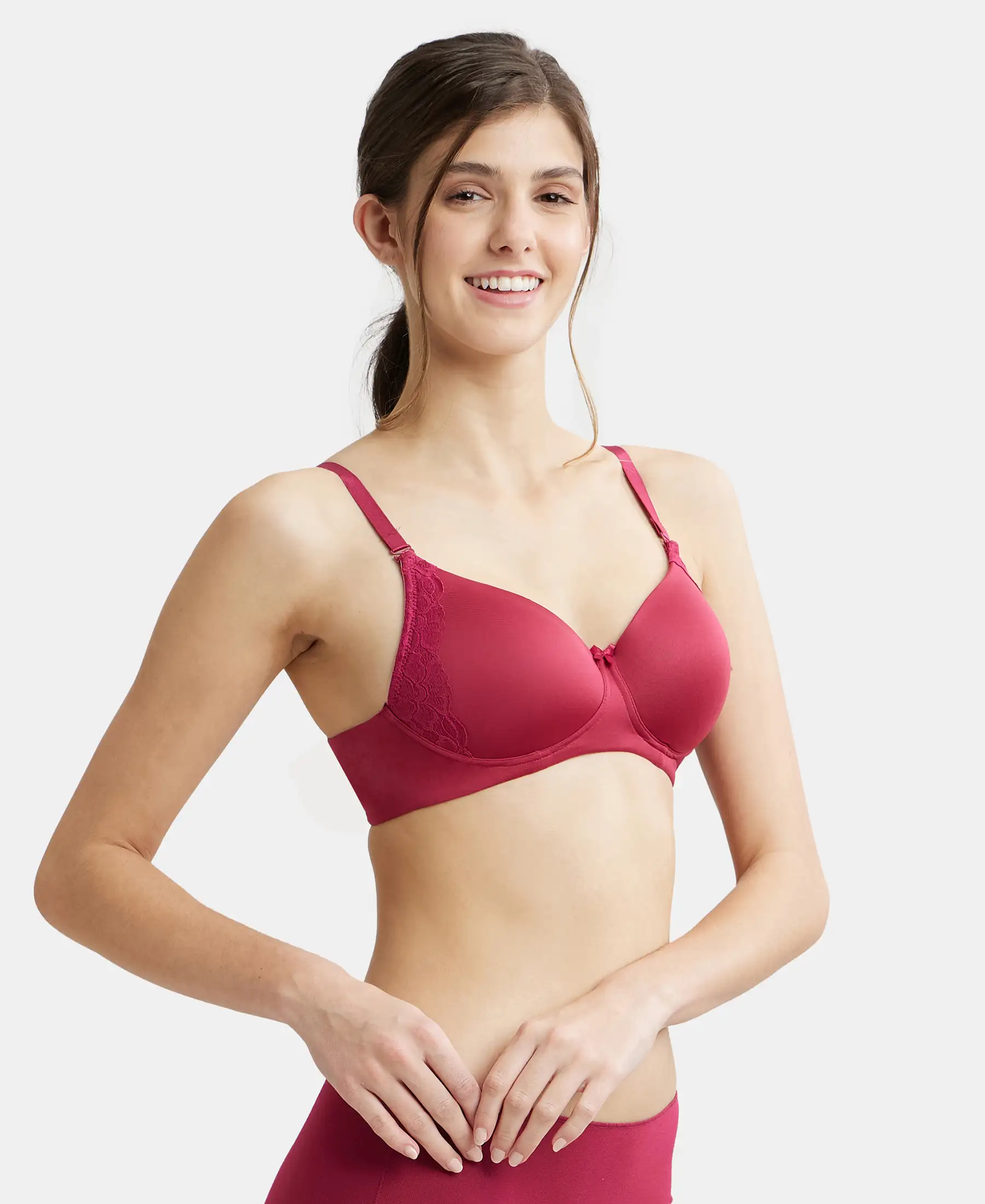 Wirefree Padded Soft Touch Microfiber Elastane Stretch Full Coverage T-Shirt Bra with Lace Styling - Anemone - Image 2