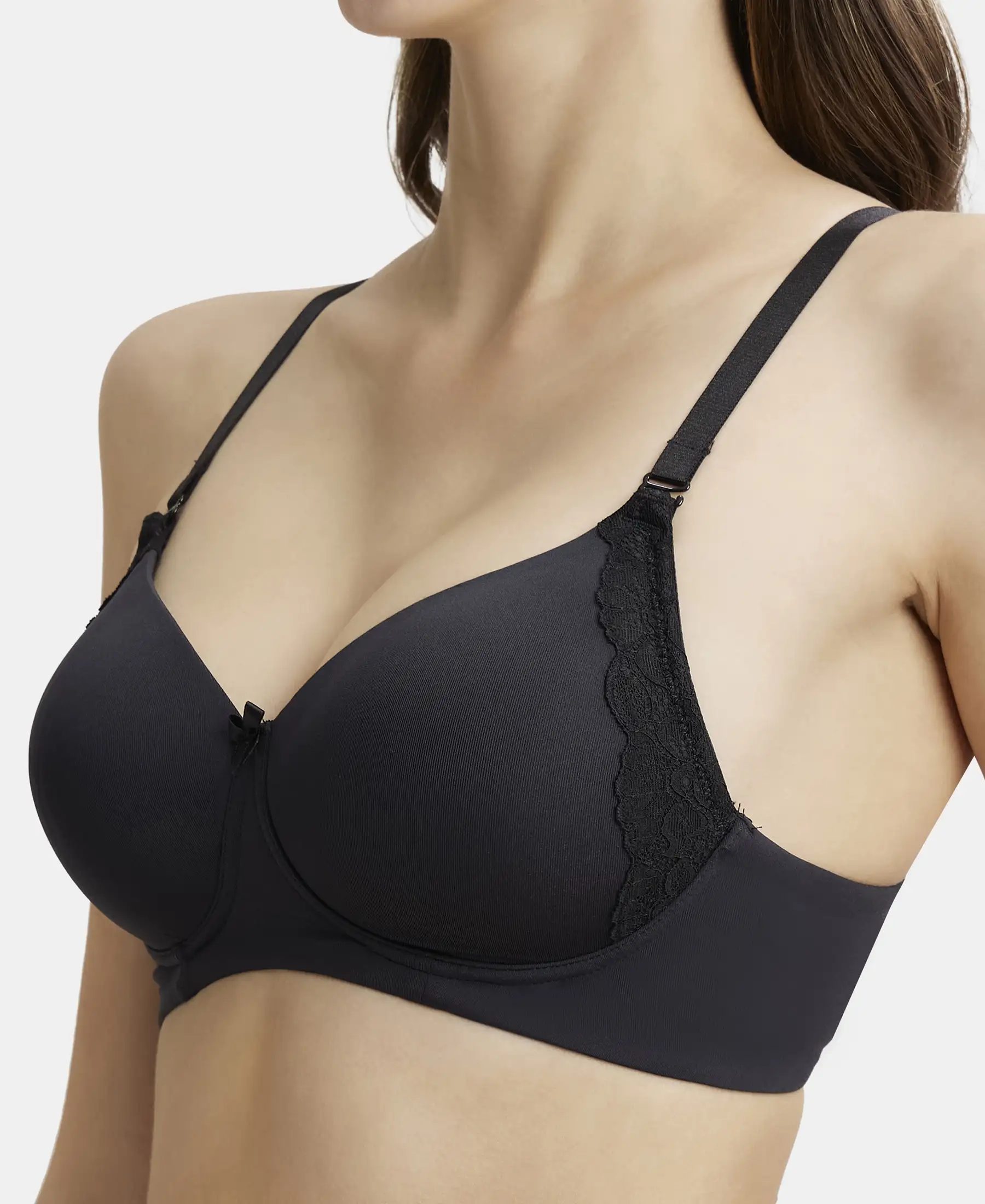 Wirefree Padded Soft Touch Microfiber Elastane Stretch Full Coverage T-Shirt Bra with Lace Styling - Black - Image 6