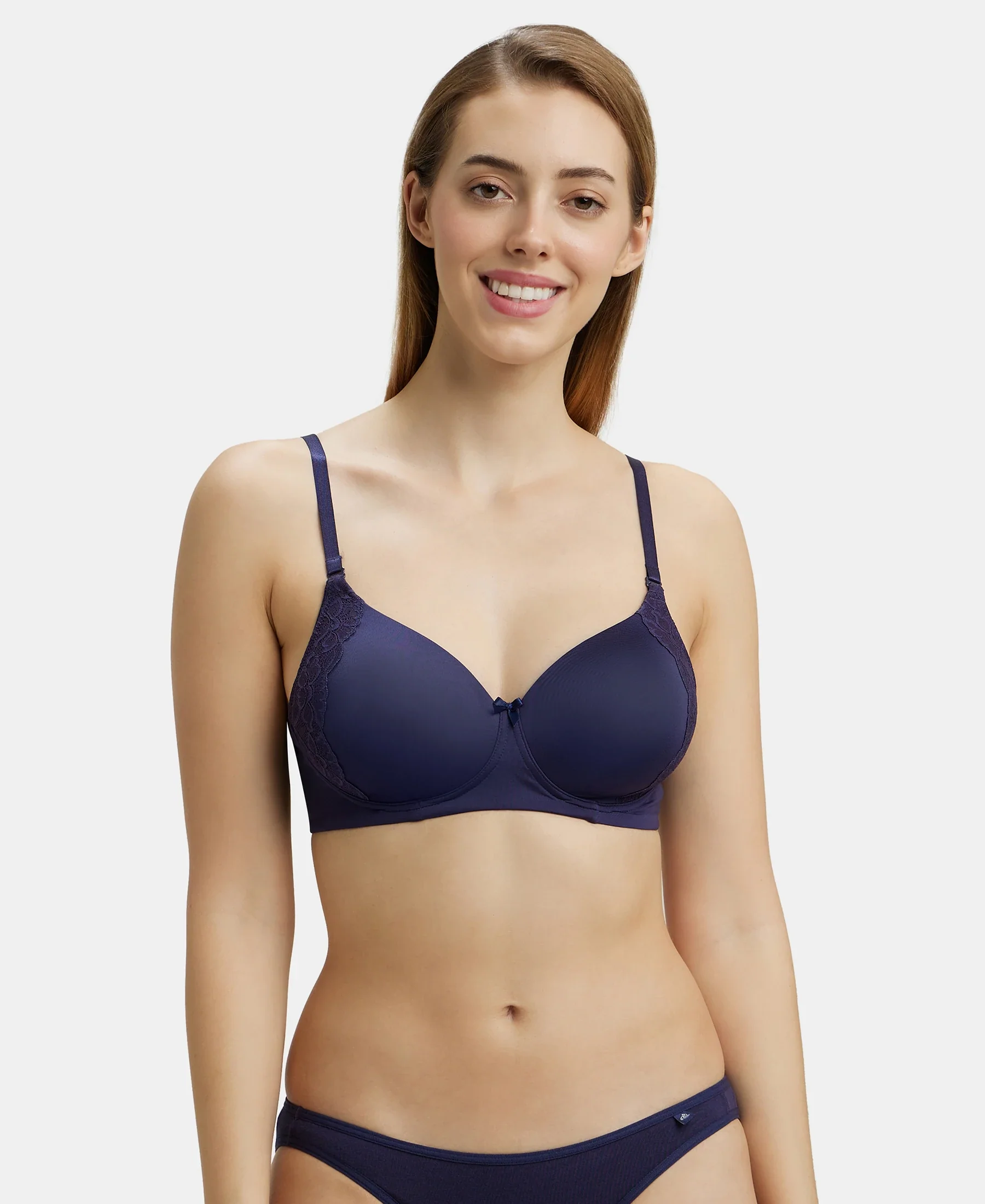 Wirefree Padded Soft Touch Microfiber Elastane Stretch Full Coverage T-Shirt Bra with Lace Styling - Classic Navy