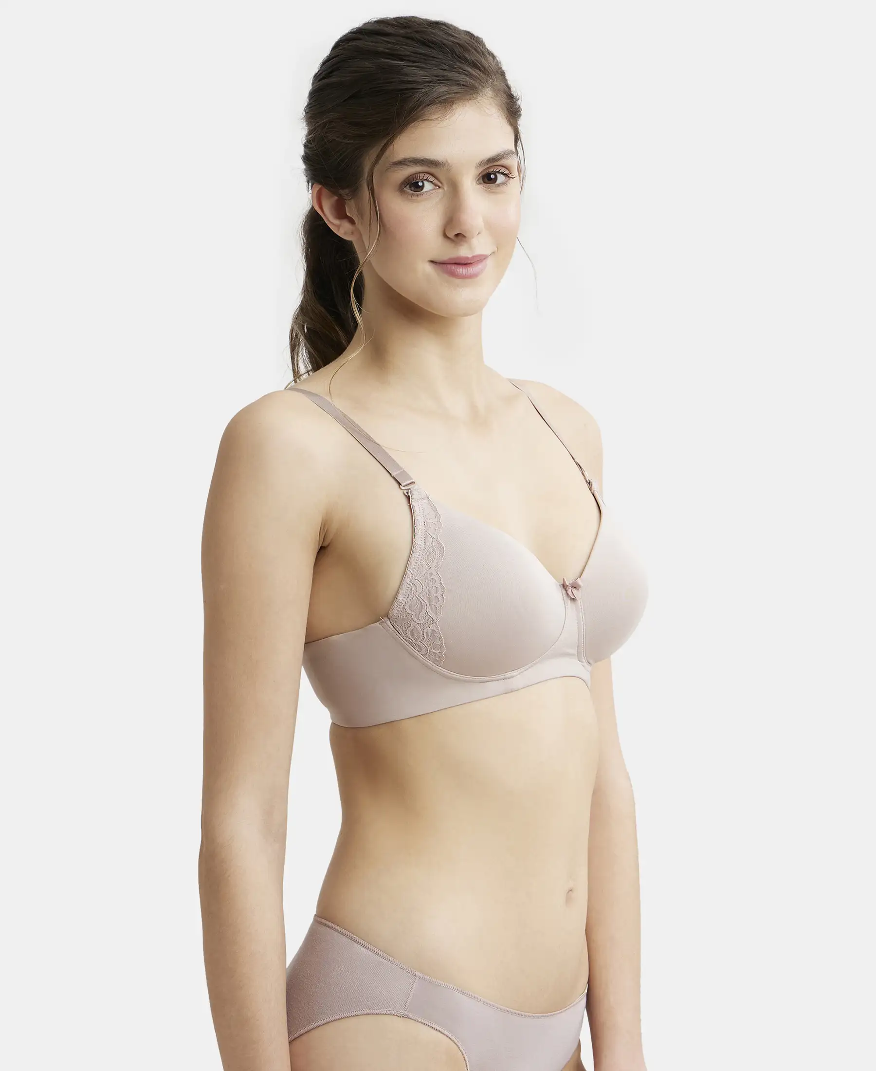Wirefree Padded Soft Touch Microfiber Elastane Stretch Full Coverage T-Shirt Bra with Lace Styling - Mocha - Image 2