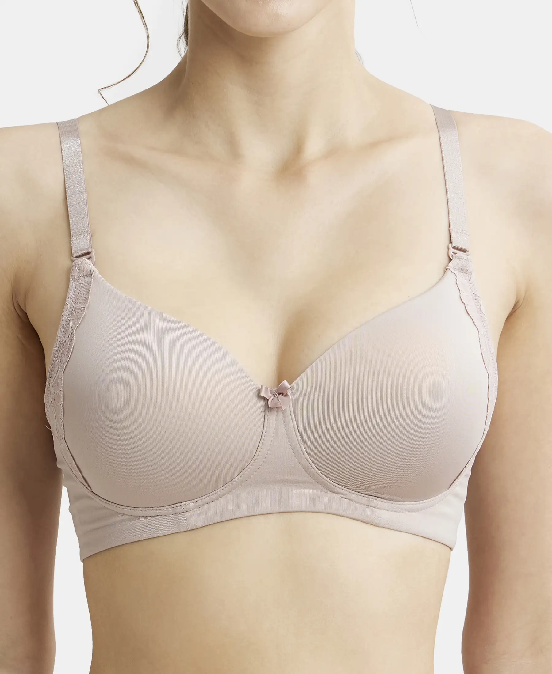 Wirefree Padded Soft Touch Microfiber Elastane Stretch Full Coverage T-Shirt Bra with Lace Styling - Mocha - Image 8