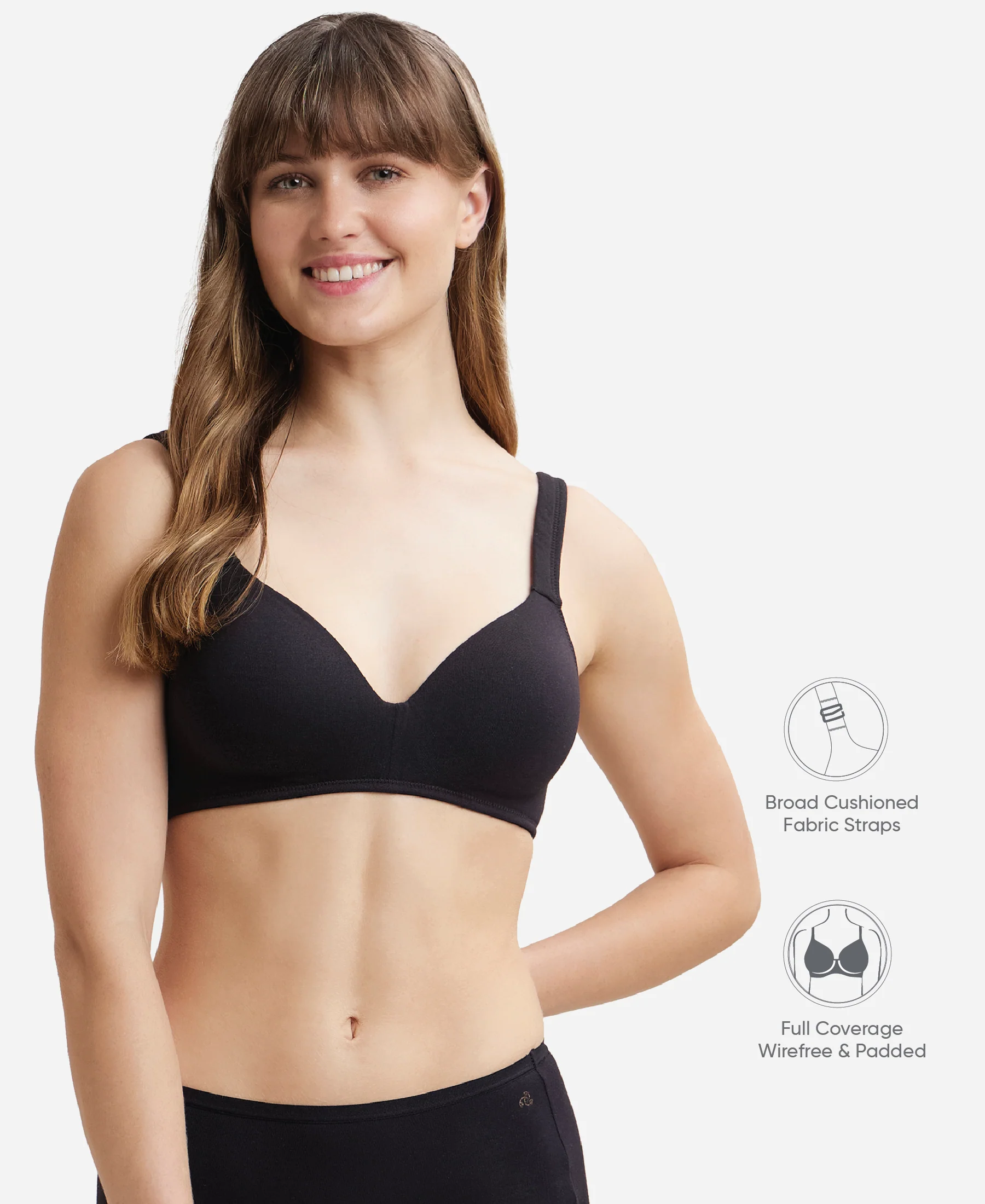 Wirefree Padded Super Combed Cotton Elastane Stretch Full Coverage Lounge Bra with Broad Cushioned Fabric Strap - Black - Image 2