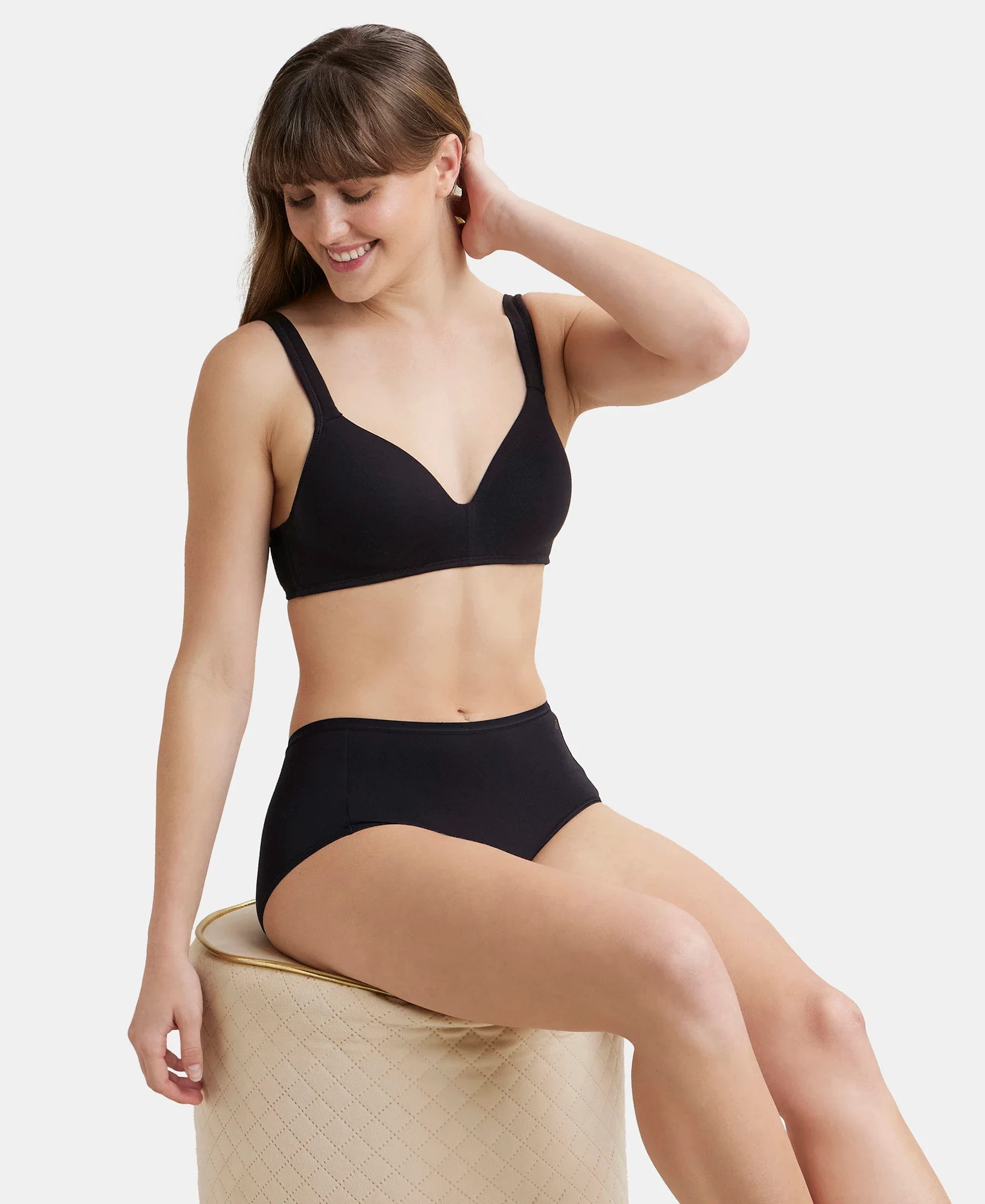 Wirefree Padded Super Combed Cotton Elastane Stretch Full Coverage Lounge Bra with Broad Cushioned Fabric Strap - Black - Image 5