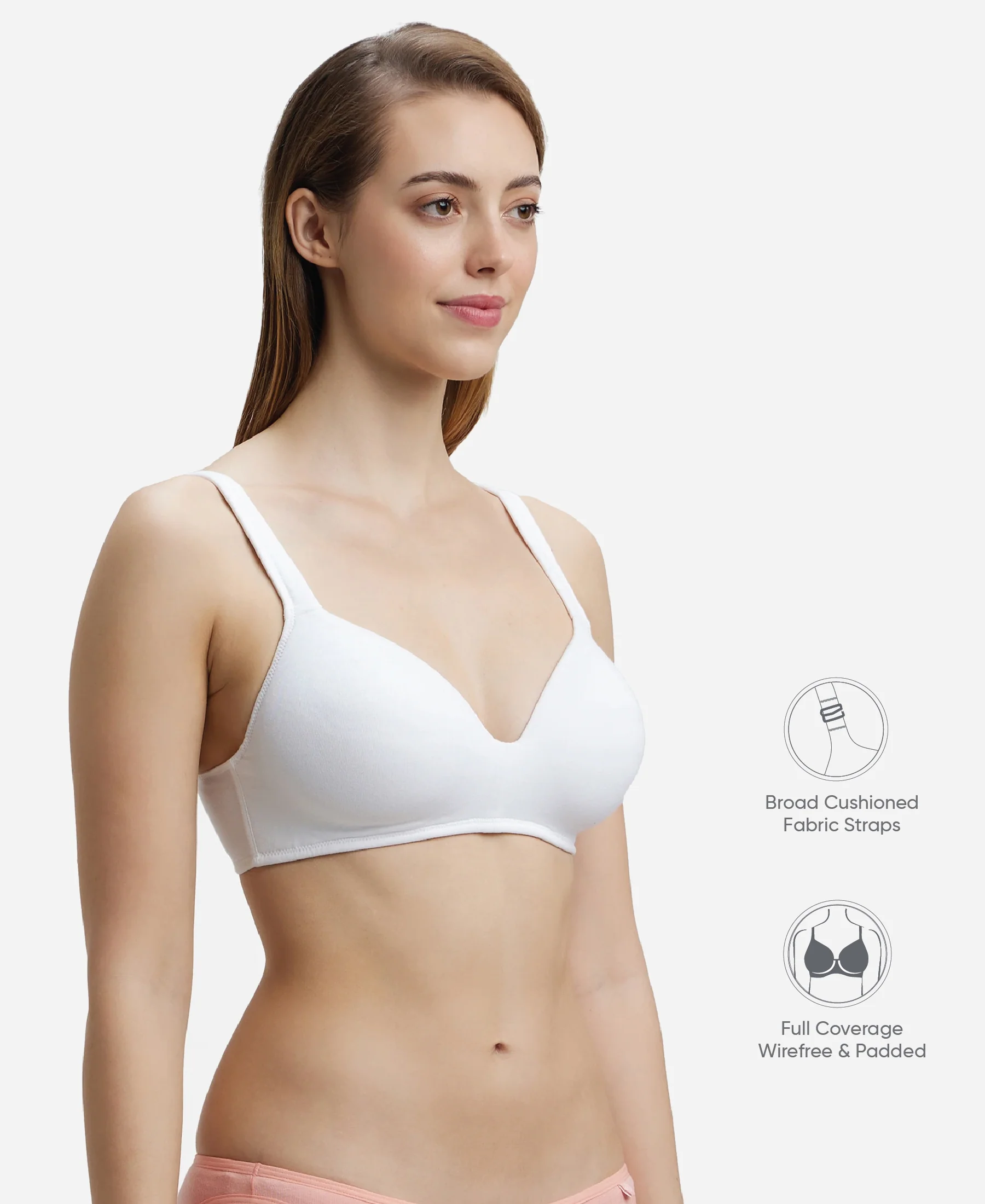 Wirefree Padded Super Combed Cotton Elastane Stretch Full Coverage Lounge Bra with Broad Cushioned Fabric Strap - White - Image 2