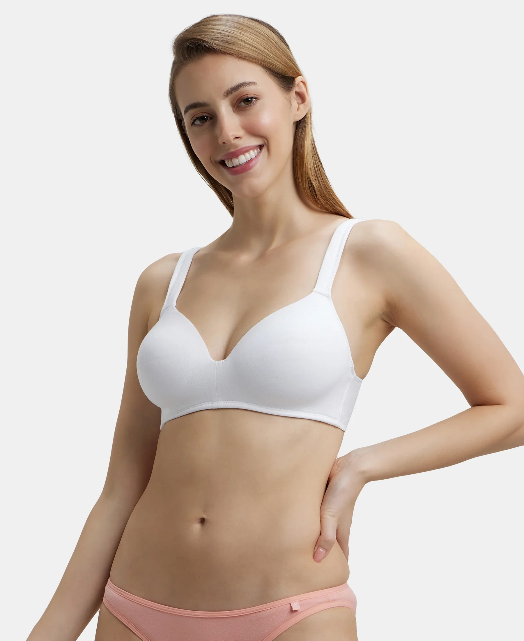 Wirefree Padded Super Combed Cotton Elastane Stretch Full Coverage Lounge Bra with Broad Cushioned Fabric Strap - White - Image 5