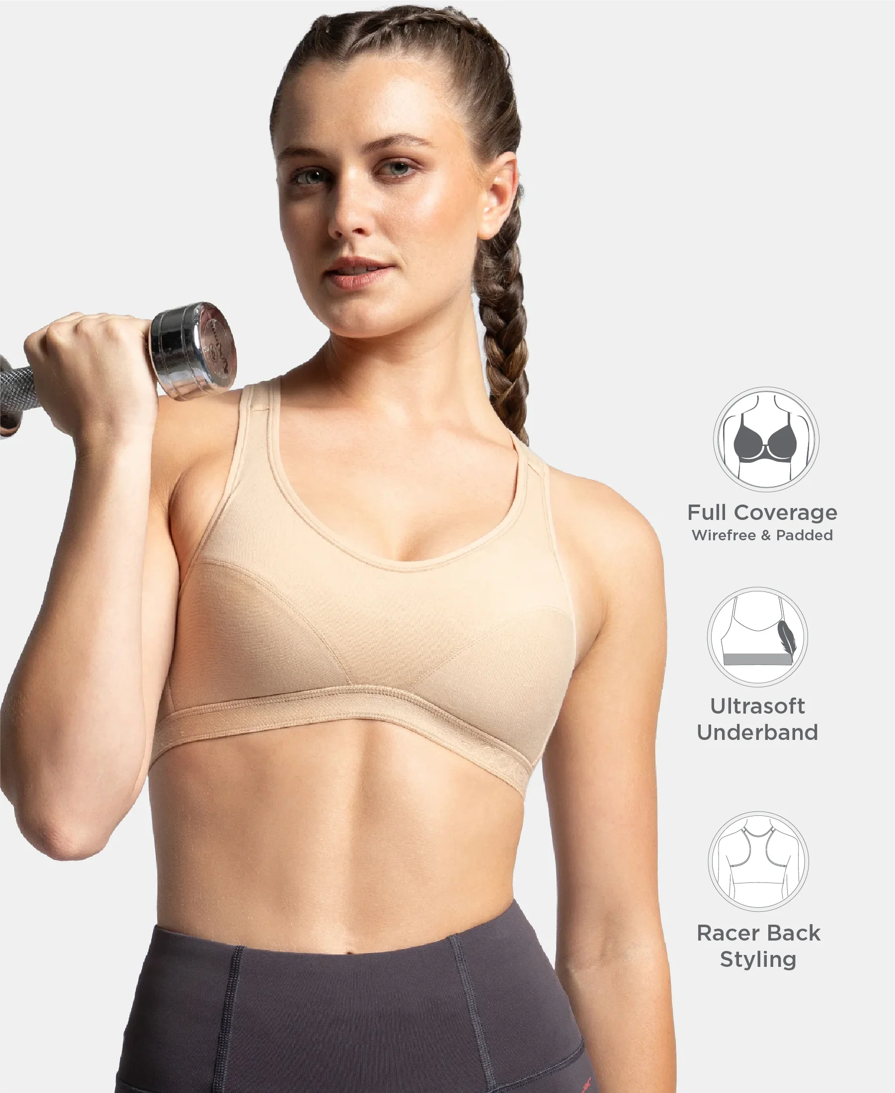 Wirefree Padded Super Combed Cotton Elastane Stretch Full Coverage Racerback Active Bra with StayFresh and Moisture Move Treatment - Skin - Image 2