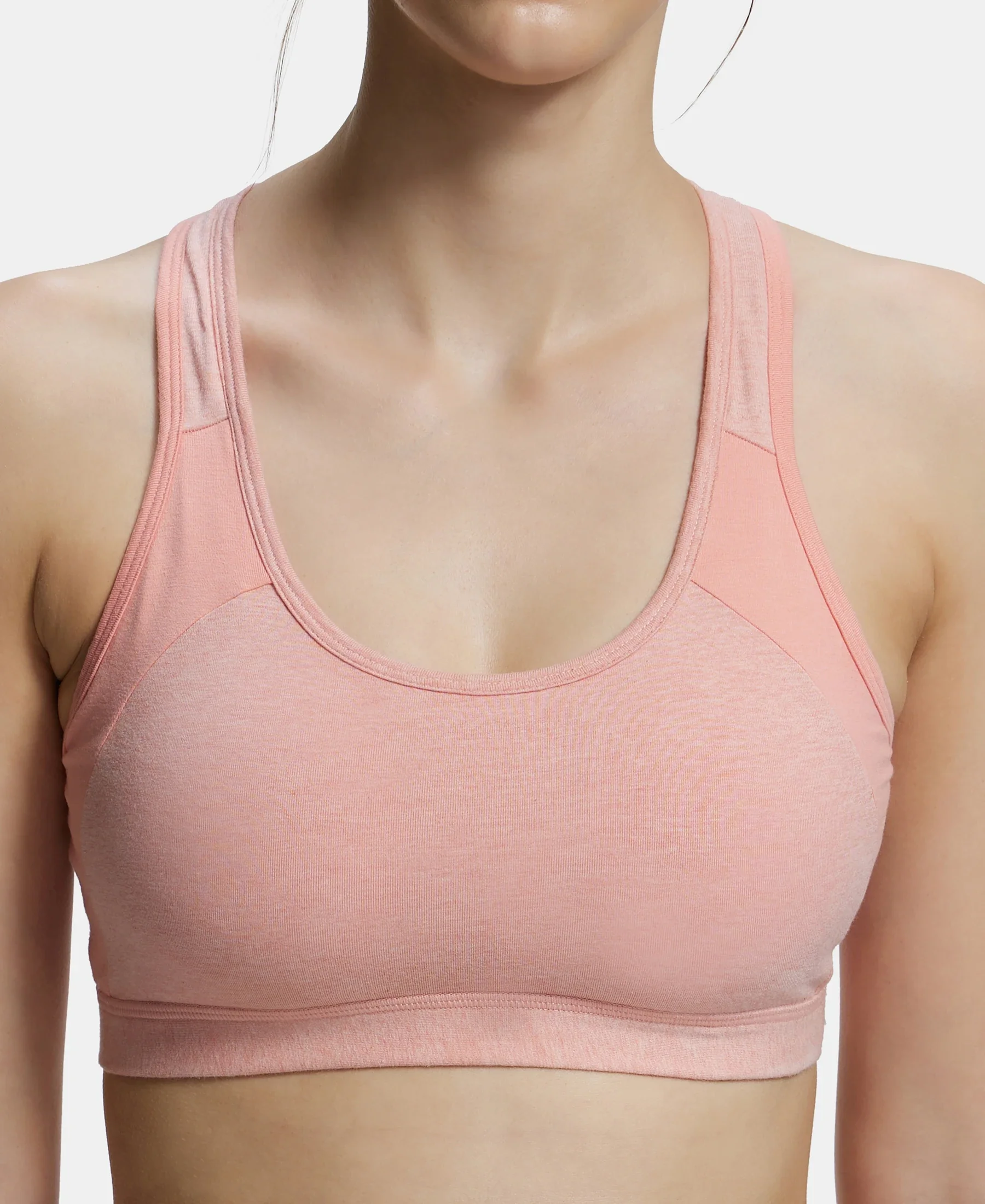 Wirefree Padded Super Combed Cotton Elastane Stretch Full Coverage Racerback Styling Active Bra with StayFresh and Moisture Move Treatment - Desert Flower Melange & Coral - Image 8